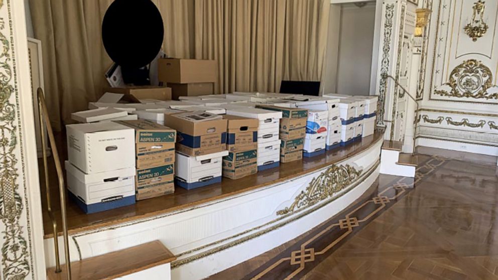 PHOTO: A photo contained in the indictment released on June 9, 2023, from the U.S. Southern District of Florida, shows boxes of potentially sensitive documents that were found at Mar-a-Lago in Palm Beach, Fla.