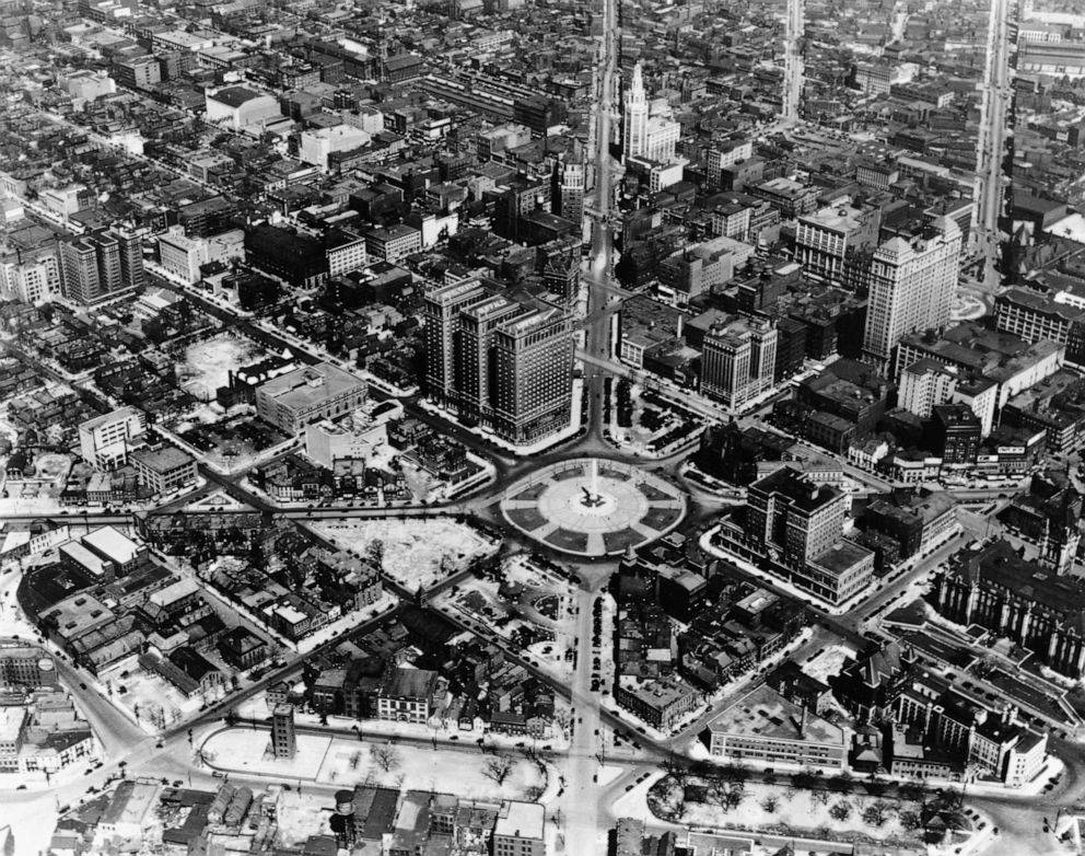 PHOTO: Aerial view of Buffalo's Civic Center and principal streets on Jan 1, 1960.