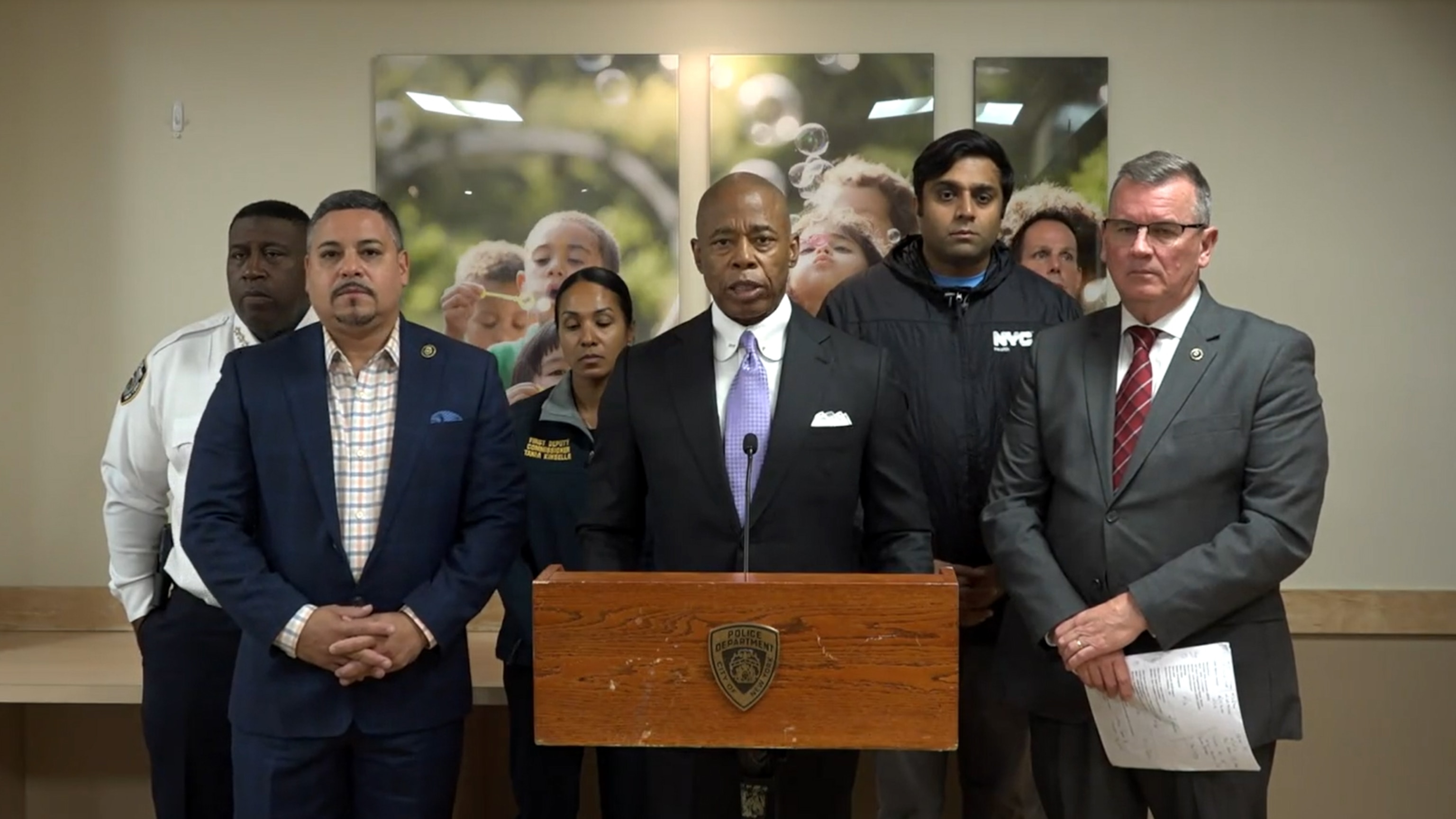 PHOTO: Mayor Eric Adams speaks at a press conference after one child died and three children were hospitalized after ingesting opioids at a Bronx daycare, on Sept. 16, 2023, in New York.