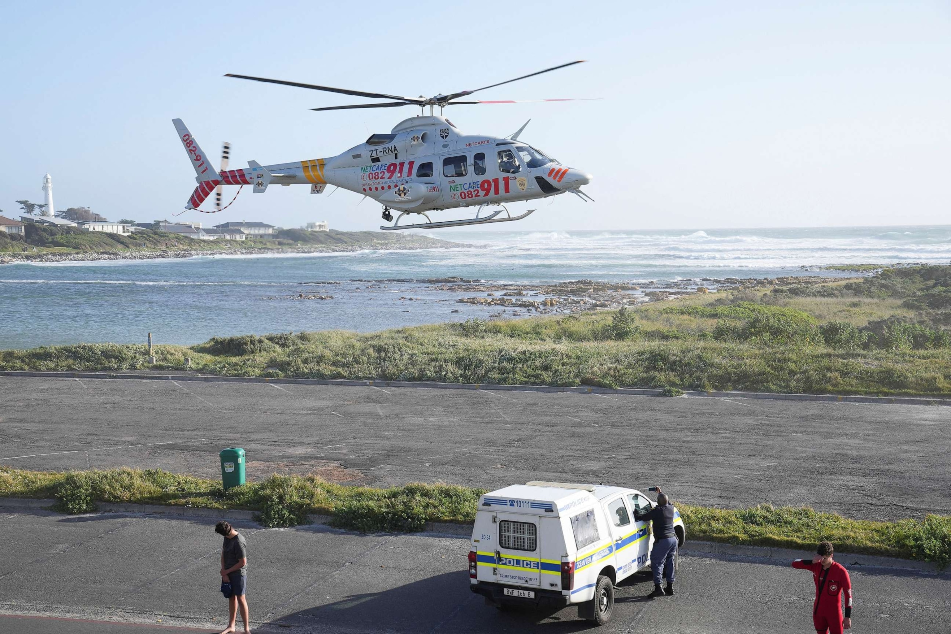 PHOTO: An air ambulance airlifts an injured South African Navy sailor following an incident with a South Africa Navy submarine during exercises off Kommetjie in Cape Town, South Africa Sept. 20, 2023.