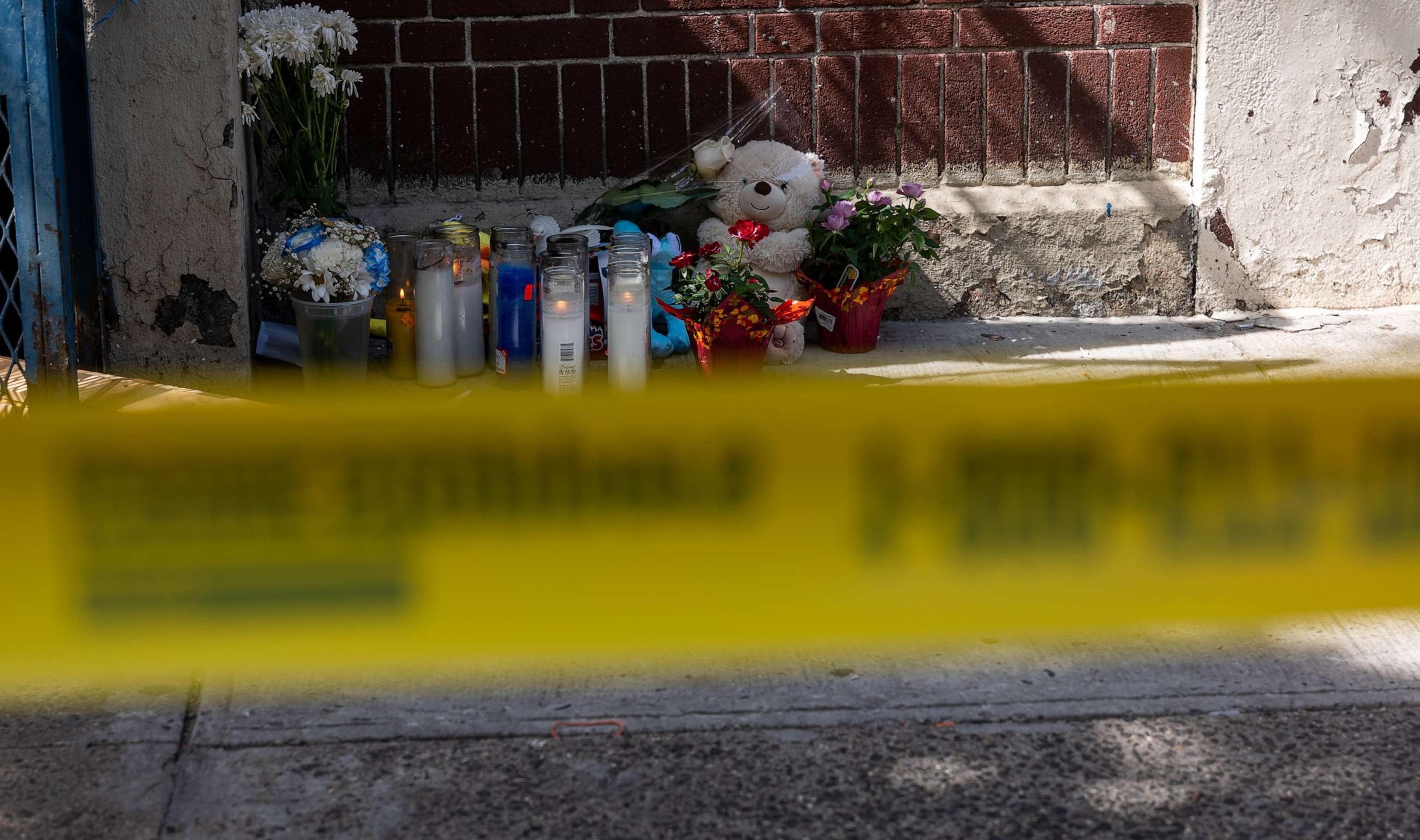 PHOTO: A small memorial sits outside the door of a Bronx day care center as police and investigators work, after a 1-year-old child died and three other children were injured from alleged exposure to the drug fentanyl on Sept. 21, 2023, in New York City.
