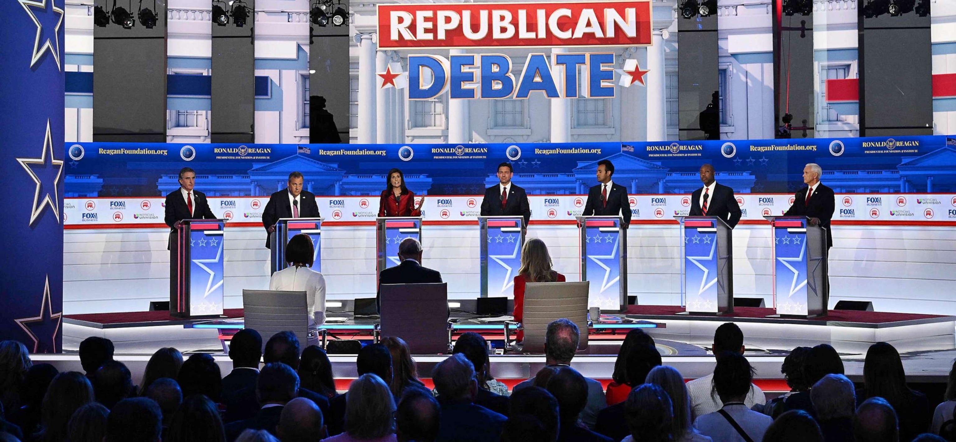 PHOTO: North Dakota Governor Doug Burgum, former Governor of New Jersey Chris Christie, former Governor from South Carolina and UN ambassador Nikki Haley, Florida Governor Ron DeSantis, entrepreneur Vivek Ramaswamy,