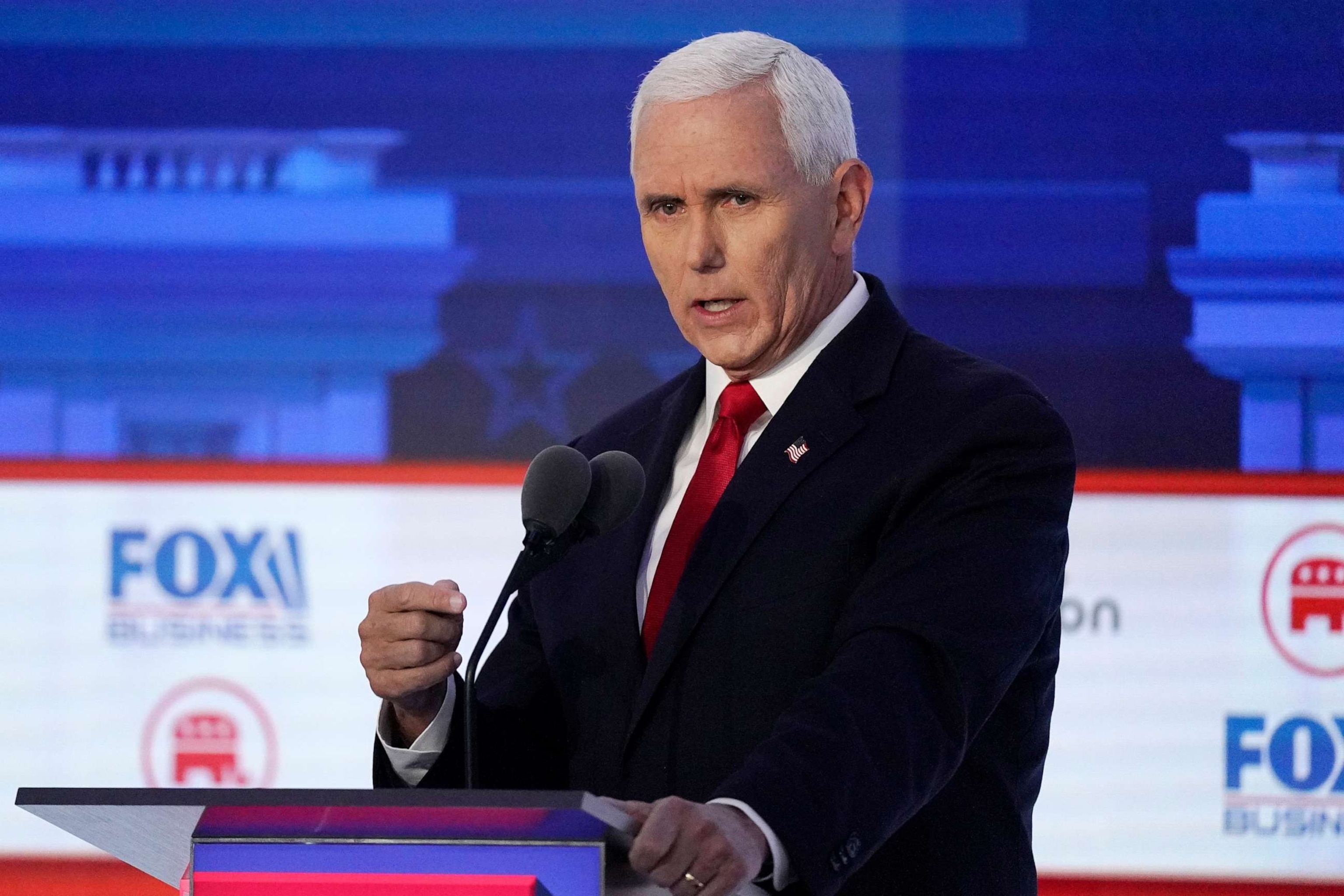 PHOTO: Former Vice President Mike Pence speaks during a Republican presidential primary debate on Sept. 27, 2023, at the Ronald Reagan Presidential Library in Simi Valley, Calif.