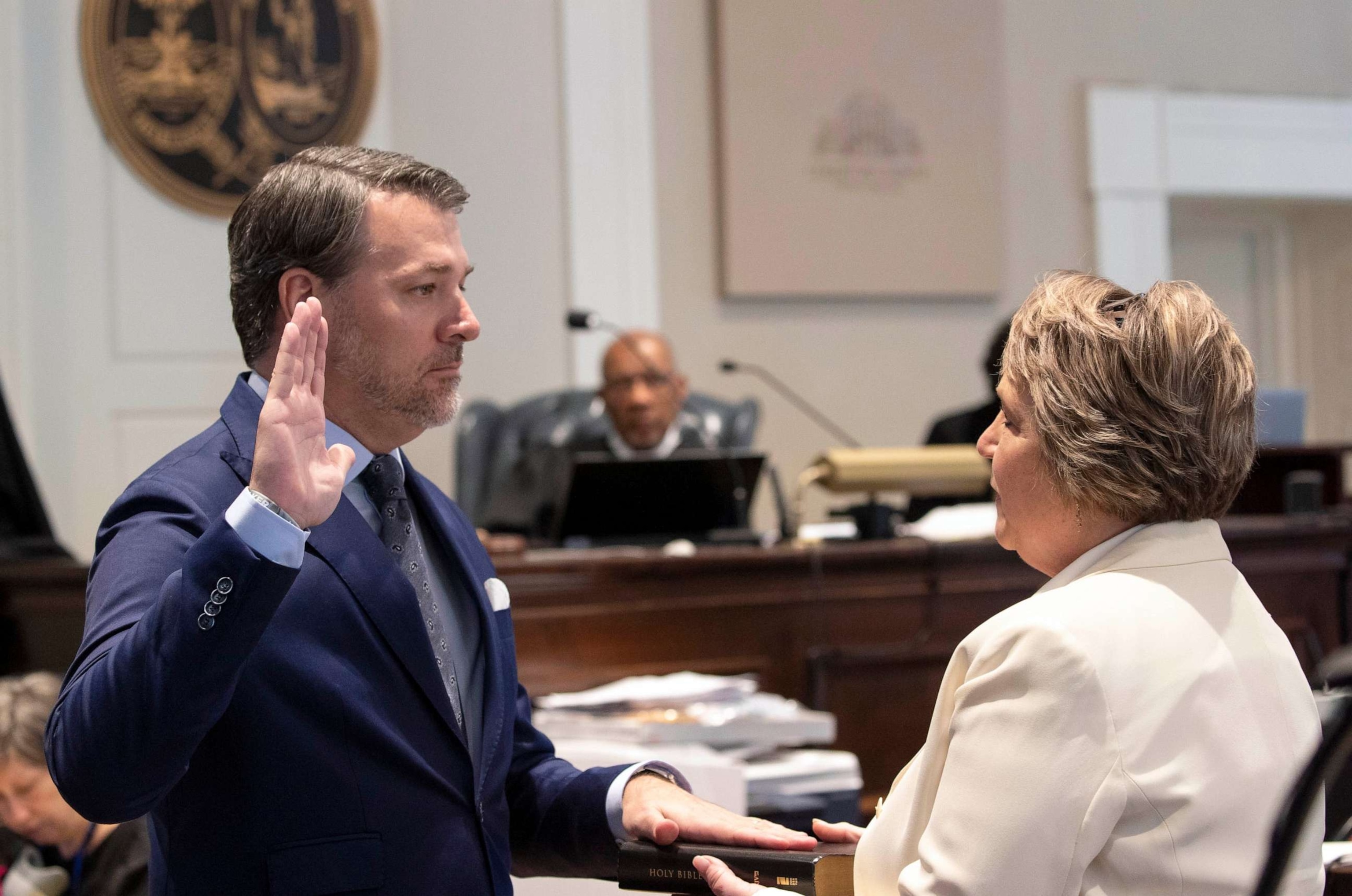 PHOTO: FILE -Michael Gunn, principle at Forge Consulting, gives the witness oath by Colleton County Clerk of Court Rebecca Hill, right, during Alex Murdaugh's double murder trial at the Colleton County Courthouse, Feb. 8, 2023, in Walterboro, S.C.