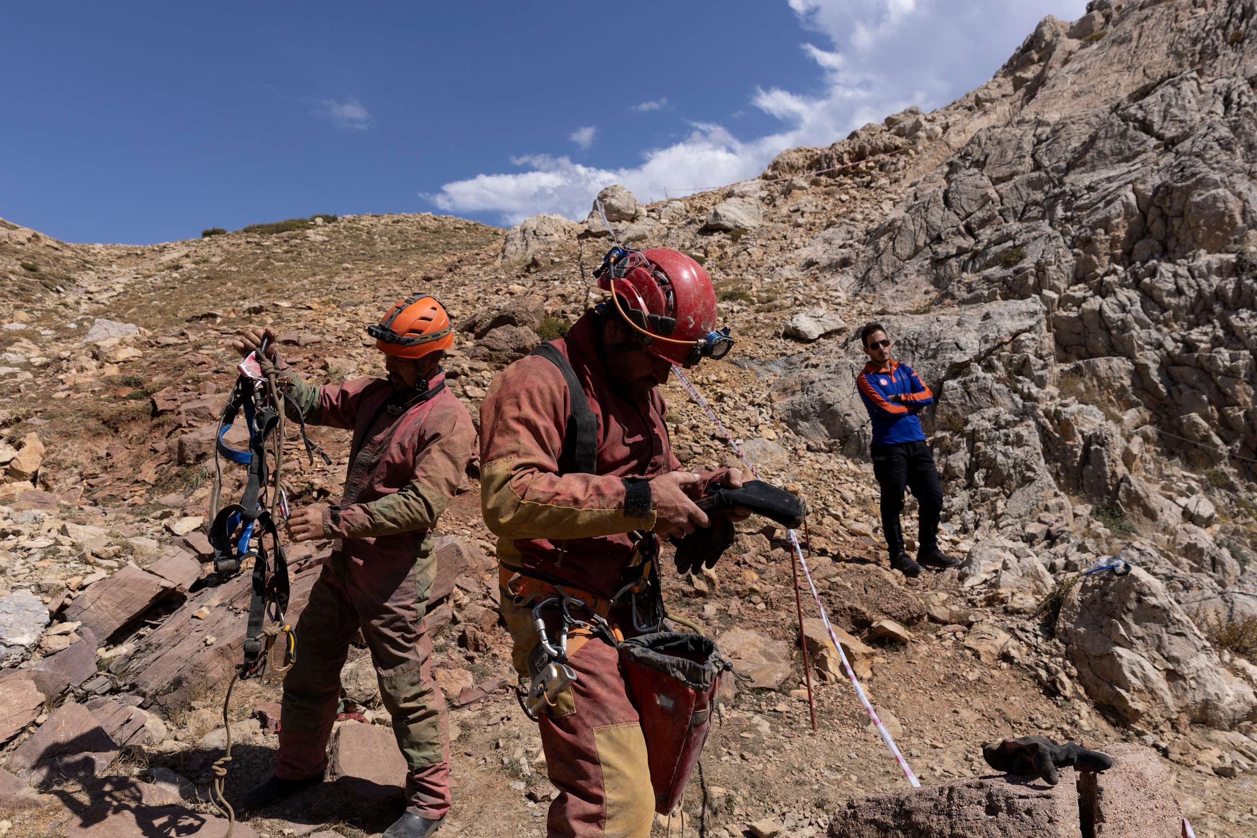 PHOTO: Rescuers work at the entrance of Morca Cave as they take part in a rescue operation to reach U.S. caver Mark Dickey who fell ill and became trapped some 3,280 ft underground, near Anamur in Mersin province, southern Turkey, Sept. 10, 2023.