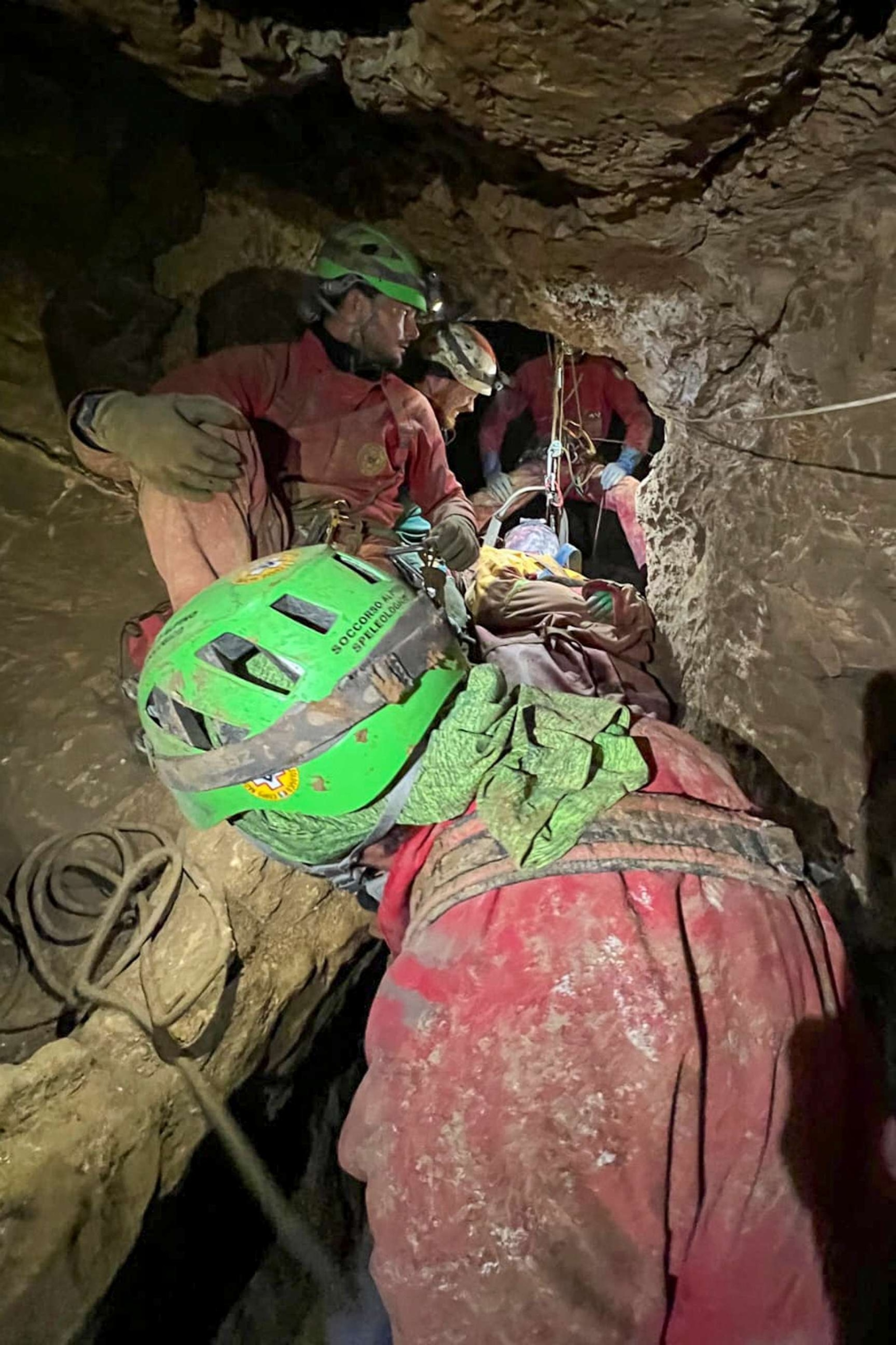 PHOTO: Members of the CNSAS, Italian alpine and speleological rescuers, carry a stretcher with American researcher Mark Dickey during a rescue operation in the Morca cave, near Anamur, southern Turkey, Sept. 11, 2023.