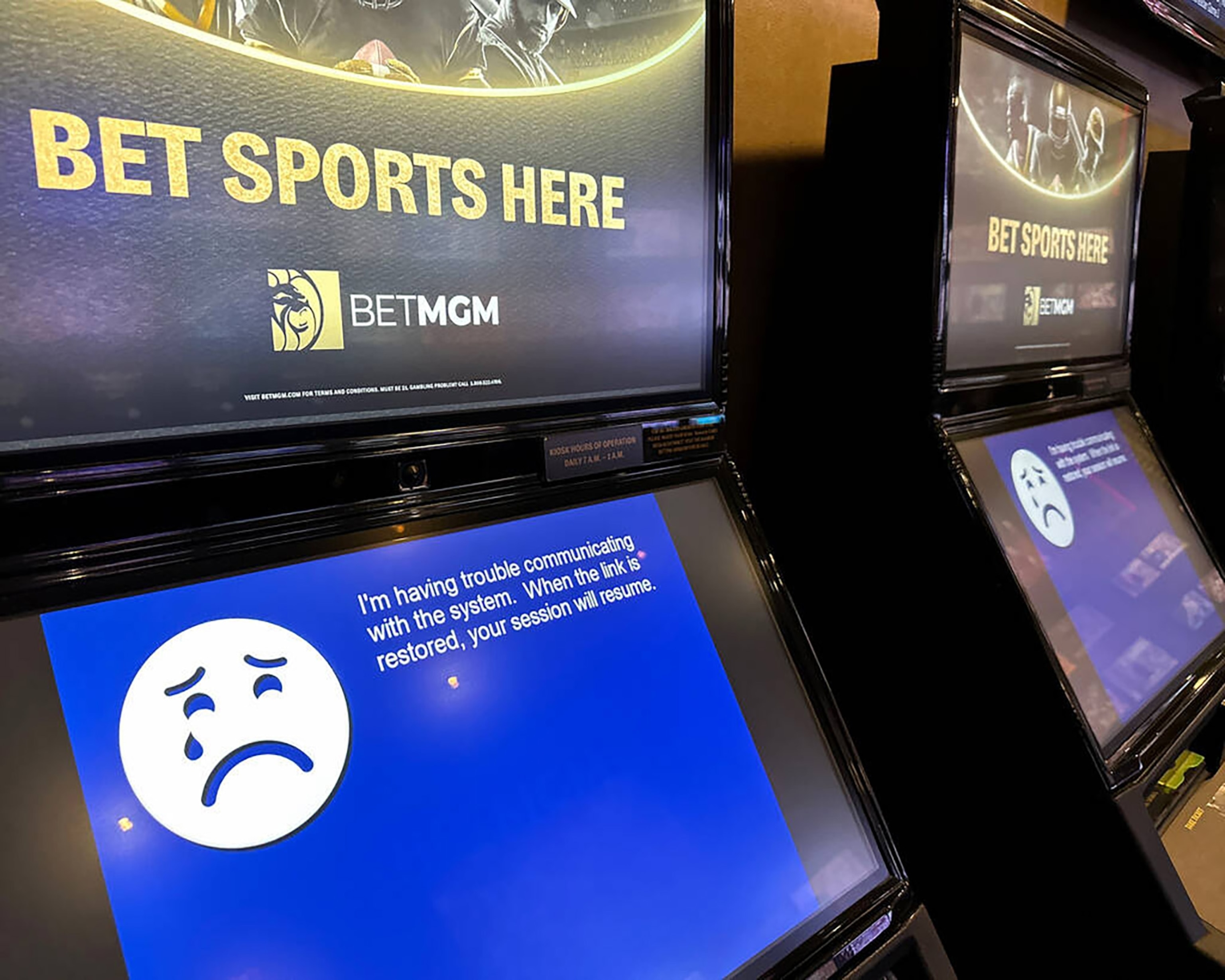 PHOTO: Betting kiosks at the sportsbook at MGM Grand in Las Vegas on Sept. 12, 2023.