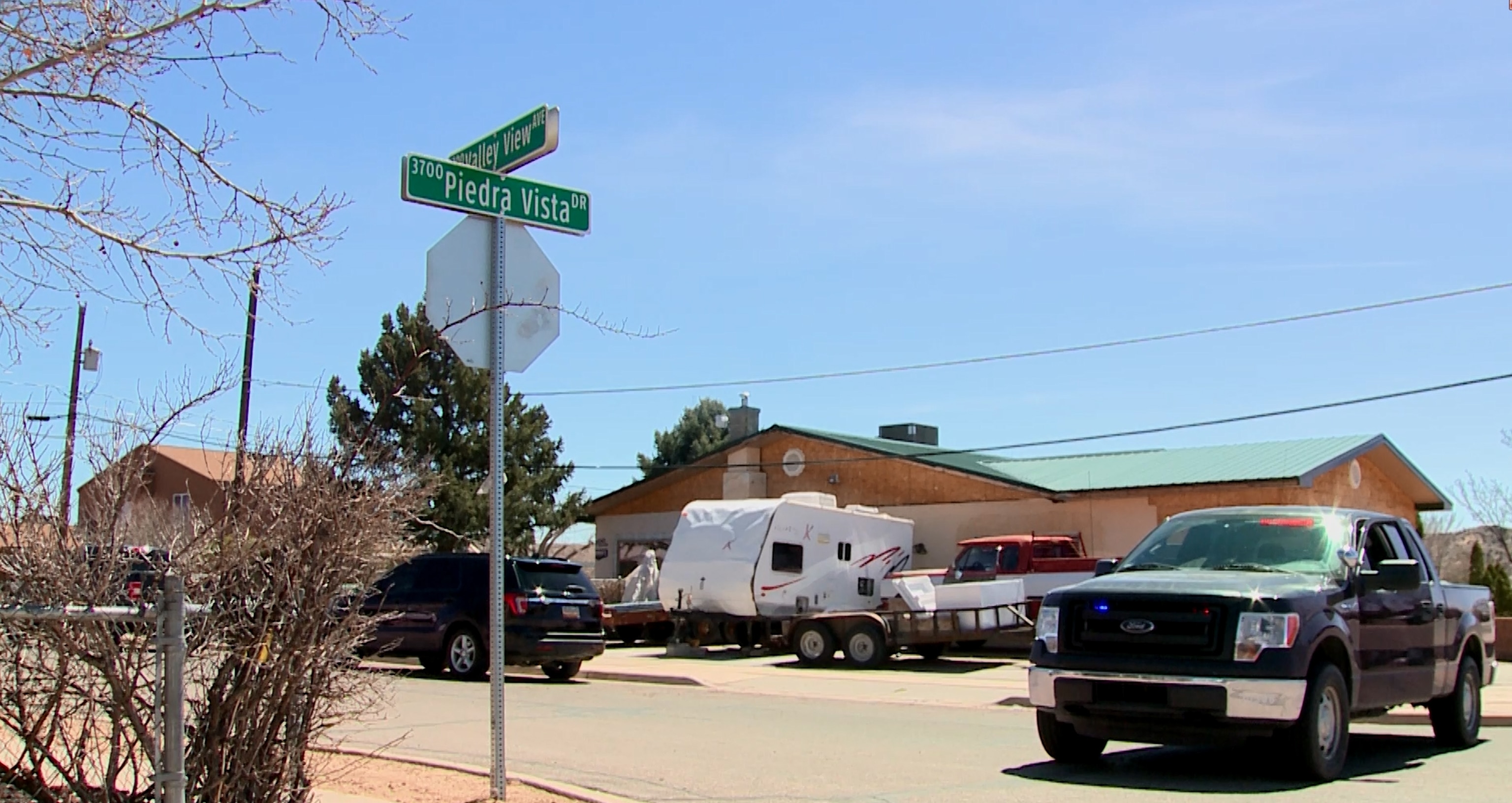 PHOTO: Law enforcement officials investigate at the scene of a police-involved shooting at the wrong house in Farmington, N.M., on April 6, 2023.