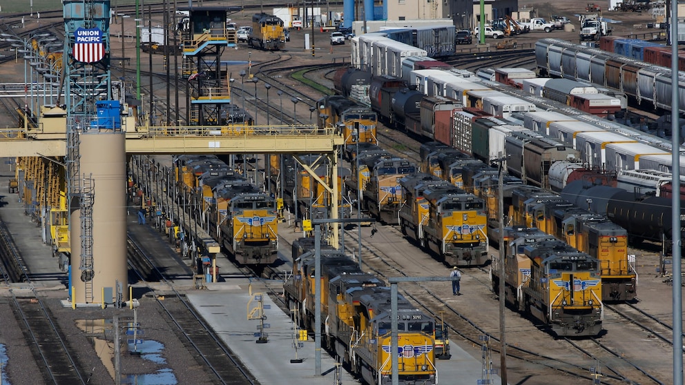 FILE - Locomotives are stacked up with freight cars in the Union Pacific Railroad's Bailey Yard, April 21, 2016, in North Platte, Neb. Federal inspectors found an alarming number of defects in the locomotives and railcars Union Pacific was using at the world's largest rail yard in North Platte this summer and the railroad was reluctant to fix the problems. Federal Railroad Administrator Amit Bose wrote a letter to UP's top three executives Friday, Sept. 8, 2023, expressing his concern that the defects represent a “significant risk to rail safety on the Union Pacific' railroad.” (AP Photo/David Zalubowski, File)