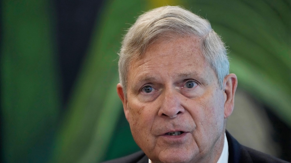 FILE - Agriculture Secretary Tom Vilsack speaks during a news conference, Thursday, June 29, 2023, in Des Moines, Iowa. Hundreds of communities around the country will receive more than $1 billion in federal money to help them plant and maintain trees under a federal program that is intended to reduce extreme heat, benefit health and improve access to nature. Vilsack will announce the $1.13 billion in funding for 385 projects at an event Thursday, Sept. 14, 2023, morning in Cedar Rapids, Iowa. (AP Photo/Charlie Neibergall, File)