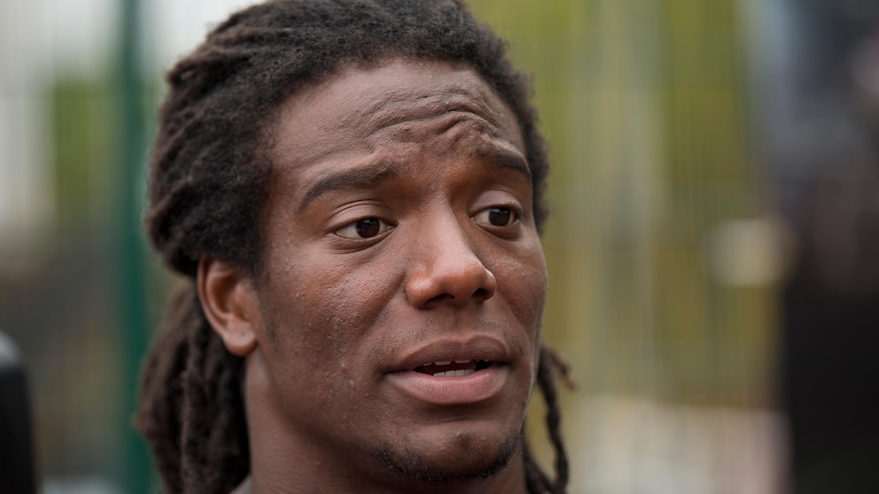 FILE - Jacksonville Jaguars safety Sergio Brown speaks during an NFL event for kids in south London, Wednesday, July 15, 2015. Authorities searched Monday, Sept. 18, 2023, for the former NFL player after his 73--year-old mother's body was found near a creek behind her suburban Chicago home. (AP Photo/Matt Dunham, File)