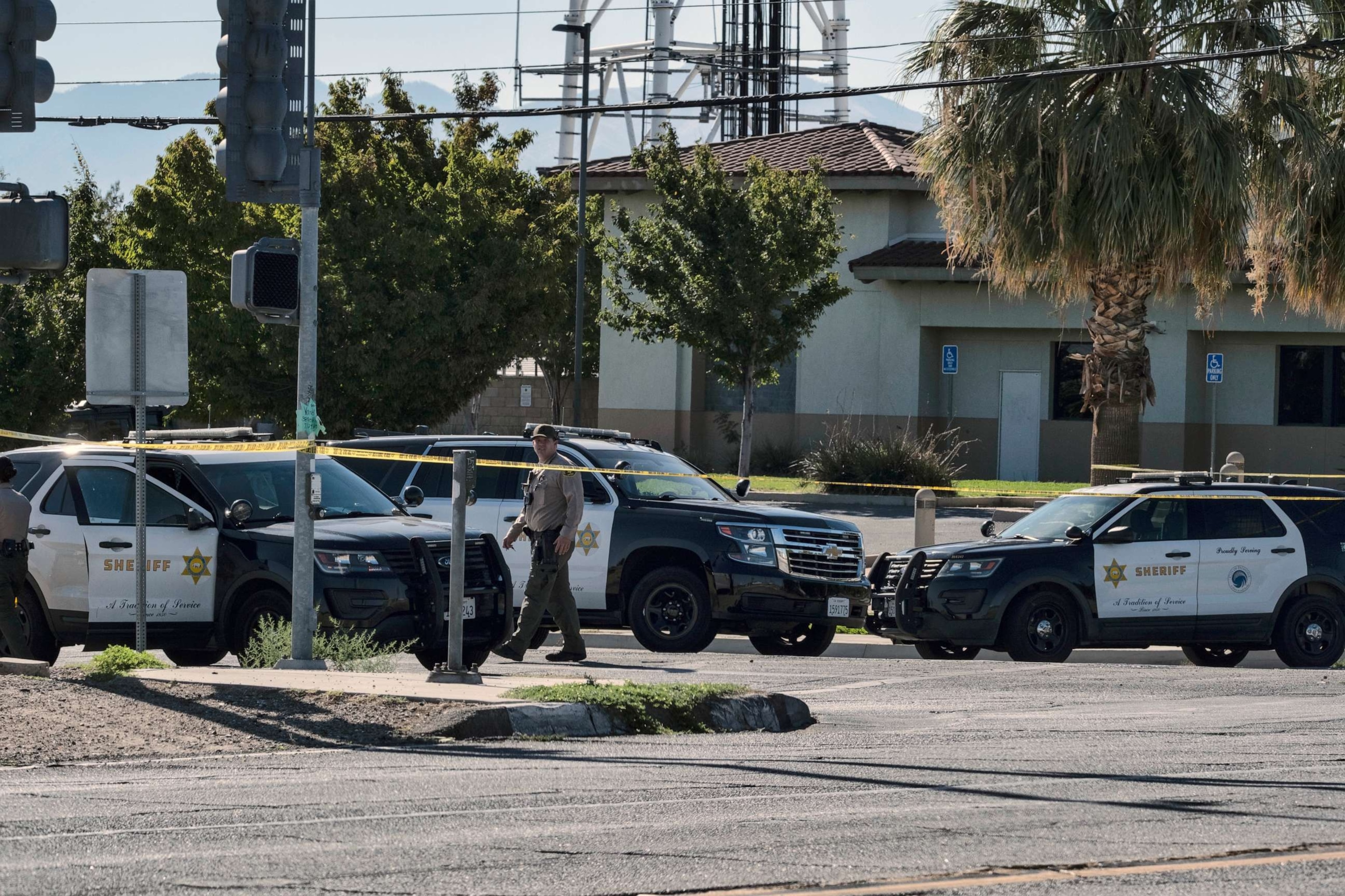 PHOTO: Sherriff's deputies block off a street where a deputy was shot while in his patrol car in Palmdale, Calif. on Sunday, Sept. 17, 2023.