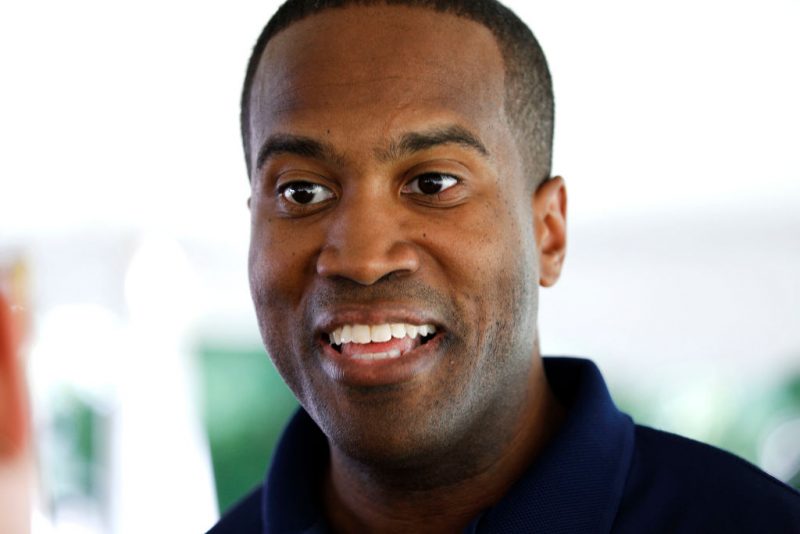 LEONARD, MI - AUGUST 5: John James, Michigan Republican candidate for the U.S. Senate, campaigns at the Johnstone Supply Picnic at Adison Oaks County Park August 5, 2018 in Leonard, Michigan. James, a West Point graduate and Iraq war veteran, has received President Trump's endorsement. (Photo by Bill Pugliano/Getty Images)