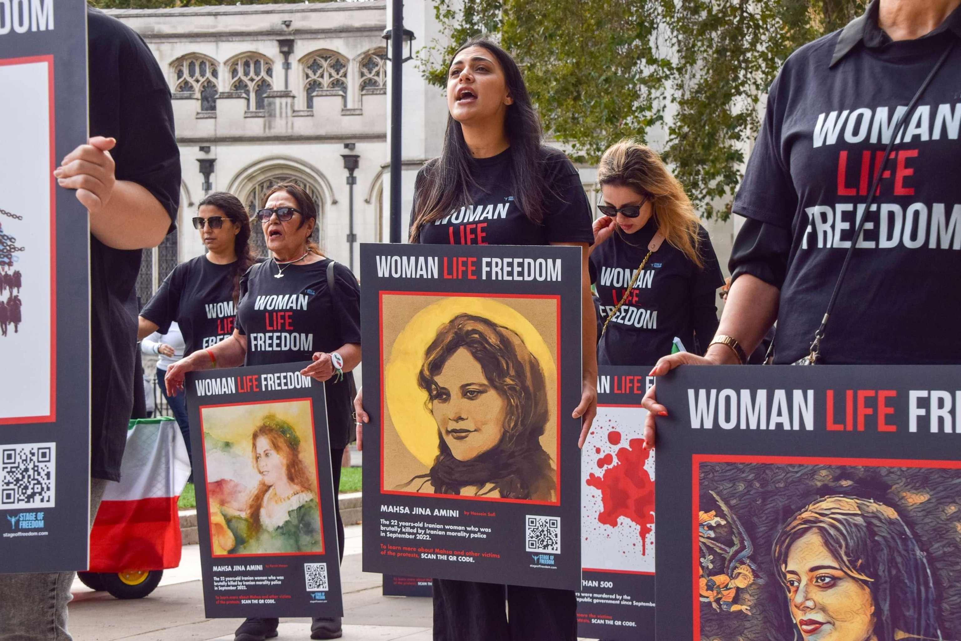 PHOTO: British Iranians staged a protest in Westminster against the Iran regime ahead of the first anniversary of the death of Mahsa Amini and the mass protests and crackdowns in Iran that followed, on Sept. 13, 2023, in London.