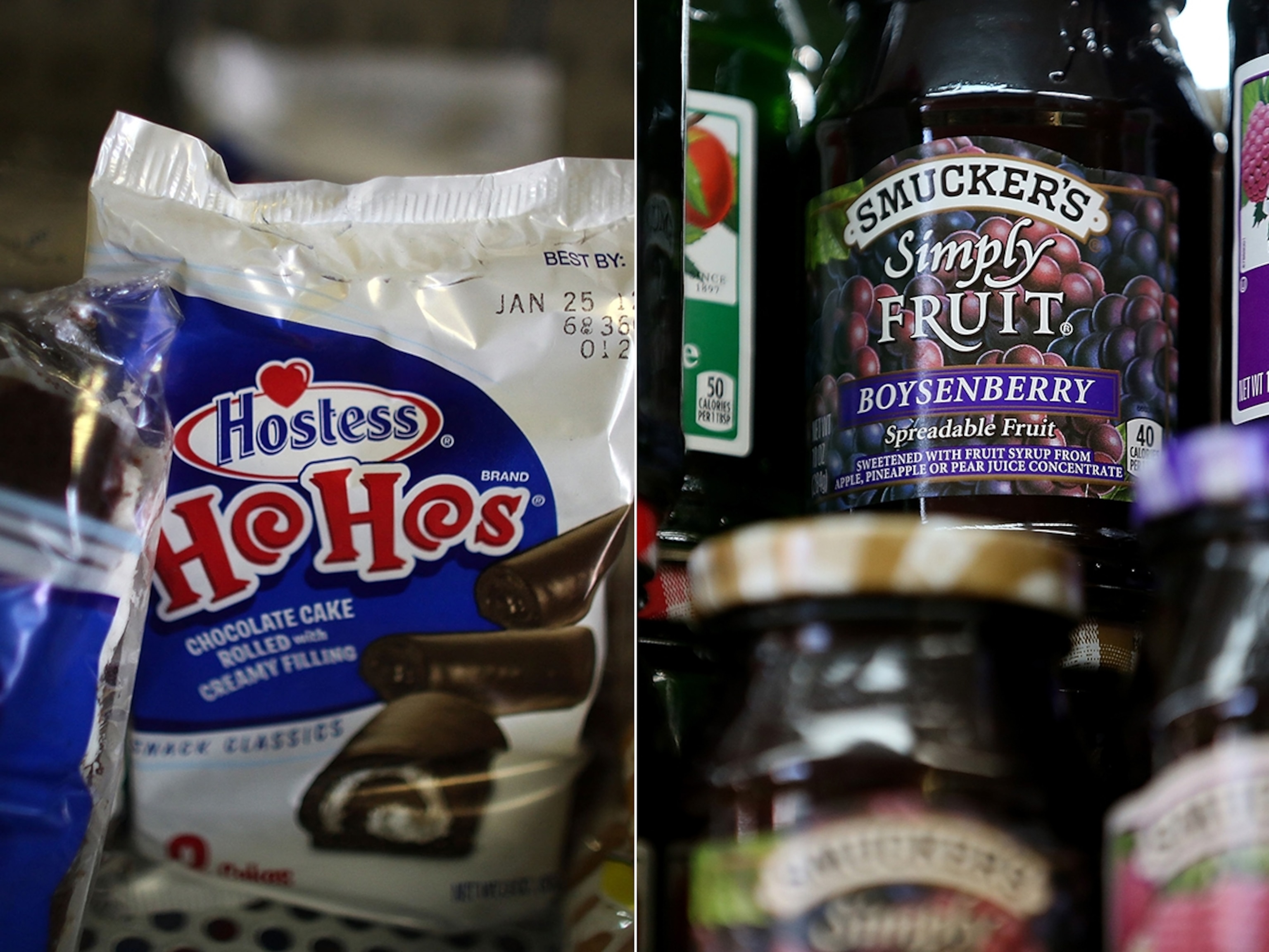 PHOTO: Hostess products are viewed on the shelf at a grocery store, Jan. 10, 2012, in New York. Smuckers fruit products are displayed on a shelf at a grocery store, June 5, 2014, in San Rafael, Calif.