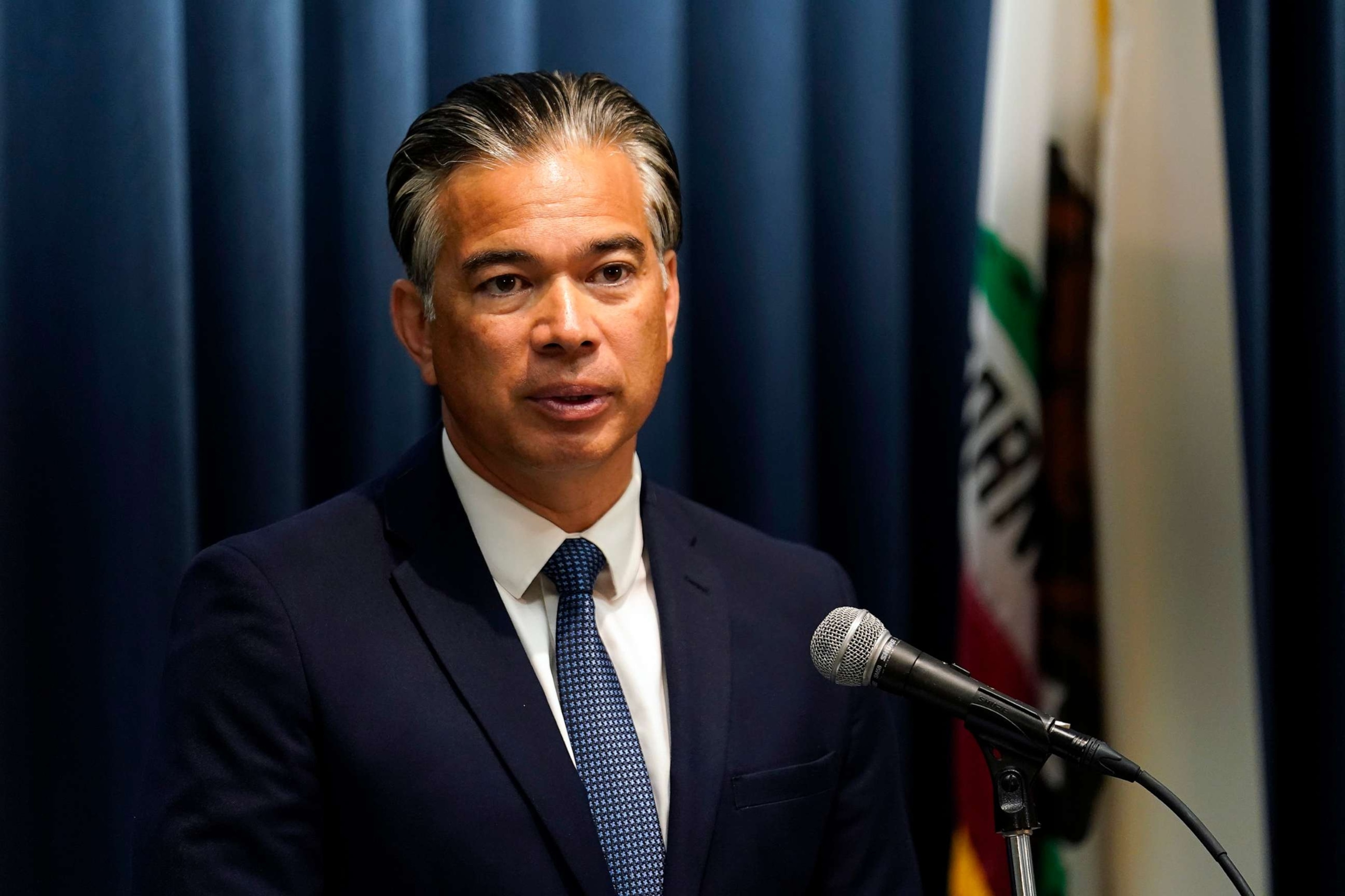 PHOTO: California Attorney General Rob Bonta fields questions during a news conference, Aug. 28, 2023, in Los Angeles.