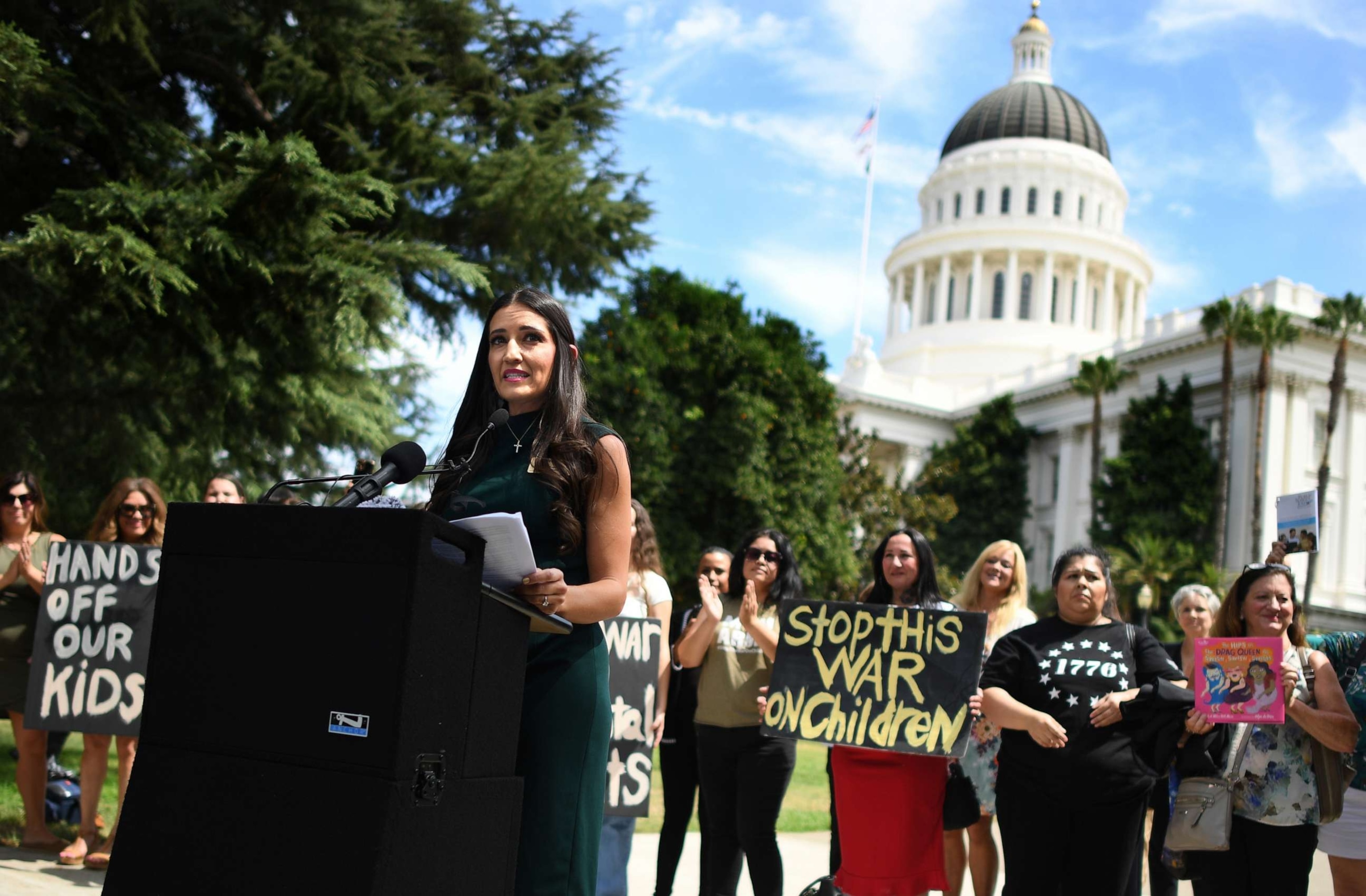 PHOTO: Chino Valley School board member Sonja Shaw speaks in front of the state Capitol on bills related to LGBTQ school curriculum, Aug. 14, 2023, in Sacramento, Calif.