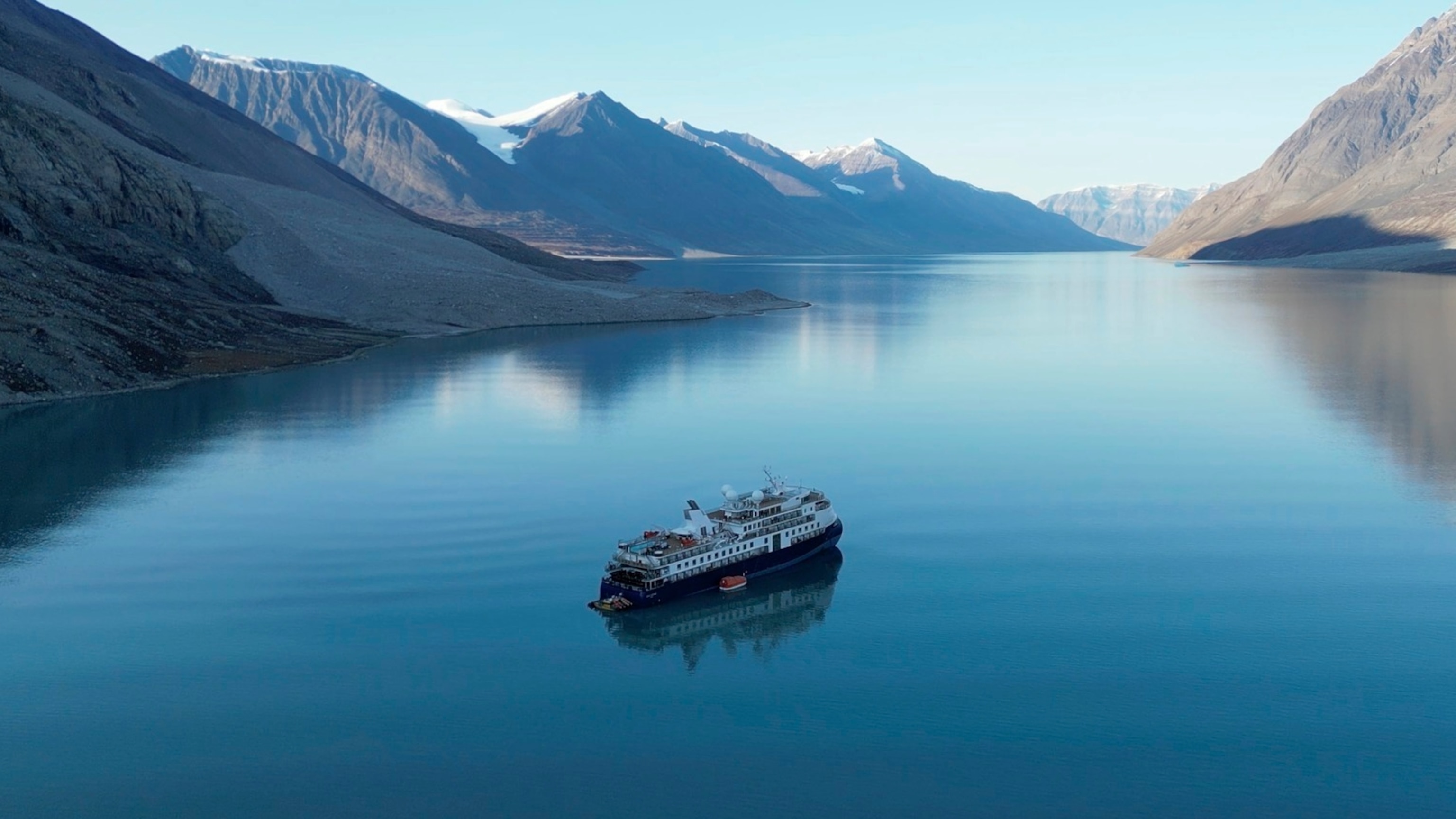 PHOTO: A view of the Ocean Explorer, a Bahamas-flagged Norwegian cruise ship with 206 passengers and crew, which has run aground in northwestern Greenland is pictured, Sept. 12, 2023.