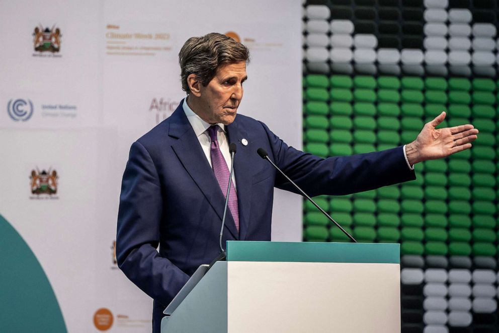 PHOTO: United States Special Envoy for Climate John Kerry delivers his announcement during the Africa Climate Summit 2023 at the Kenyatta International Convention Centre (KICC) in Nairobi on Sept. 5, 2023.