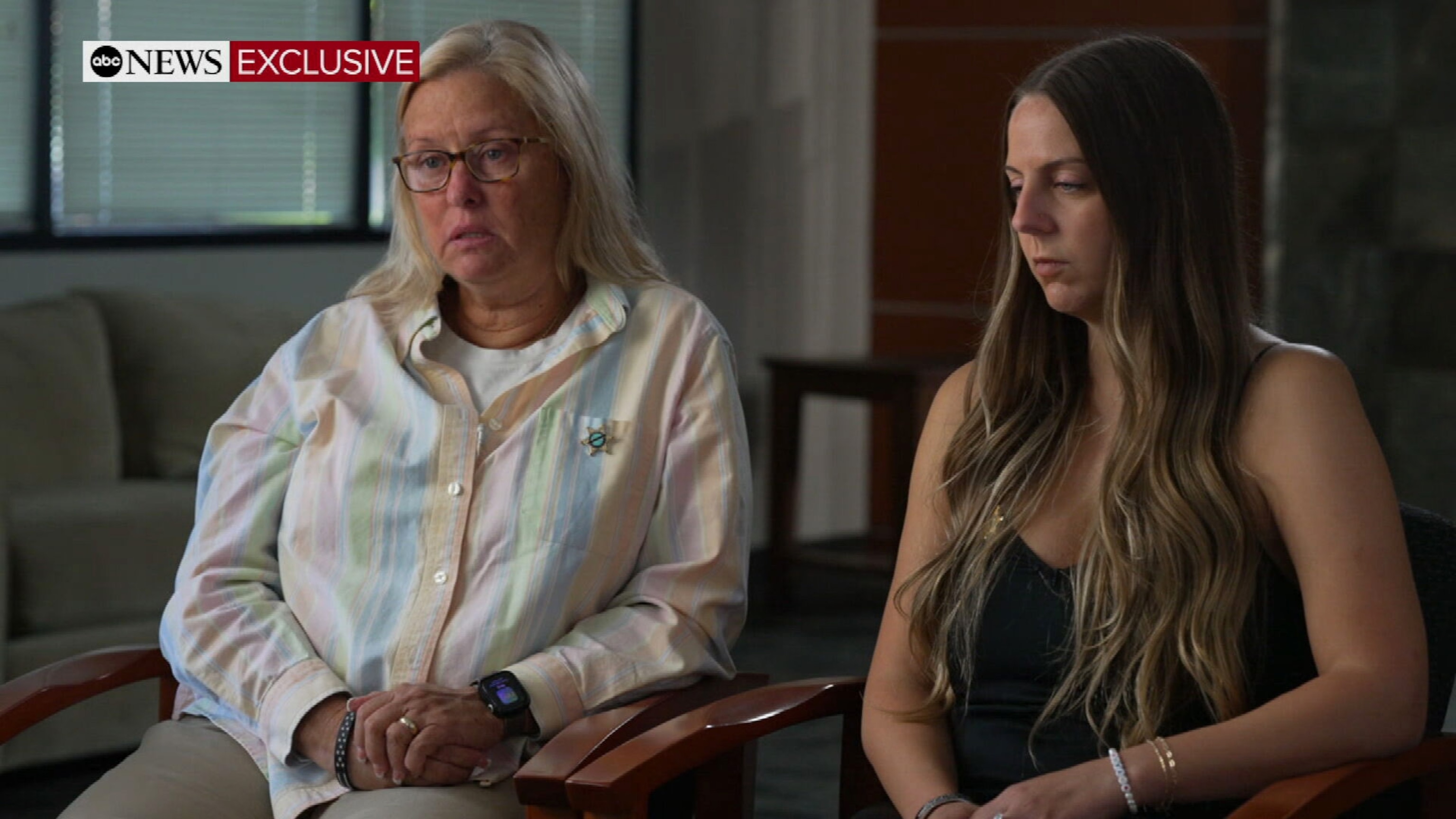 PHOTO: Kim Clinkunbroomer, the mother of slain Los Angeles County sheriff's deputy Ryan Clinkunbroomer and Brittany Lindsey, the fiancee of slain Los Angeles County sheriff's deputy Ryan Clinkunbroomer, speaks to ABC News in an exclusive interview.