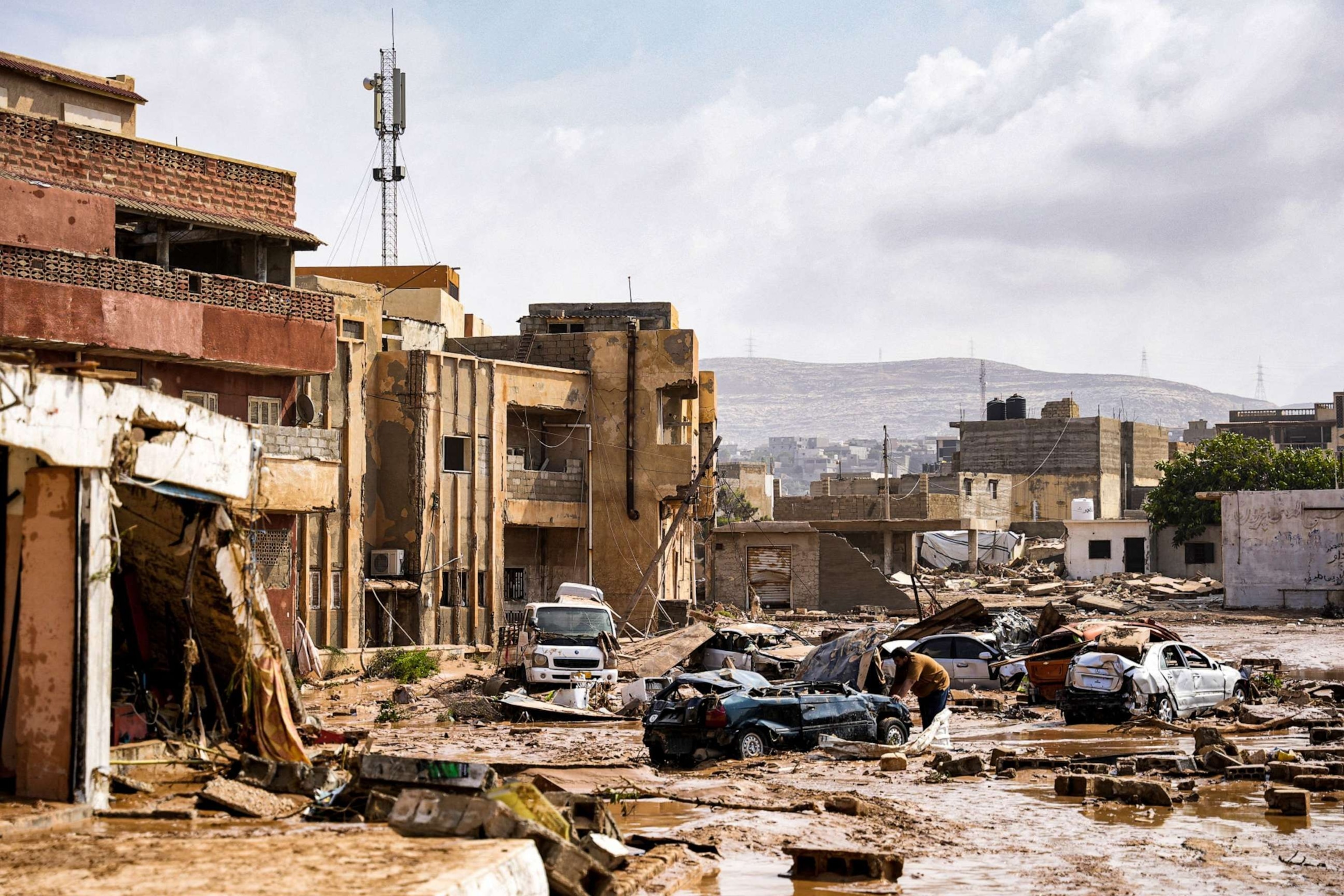 PHOTO: Destroyed vehicles and damaged buildings in the eastern city of Benghazi in the wake of the Mediterranean storm "Daniel", Sept. 11, 2023.
