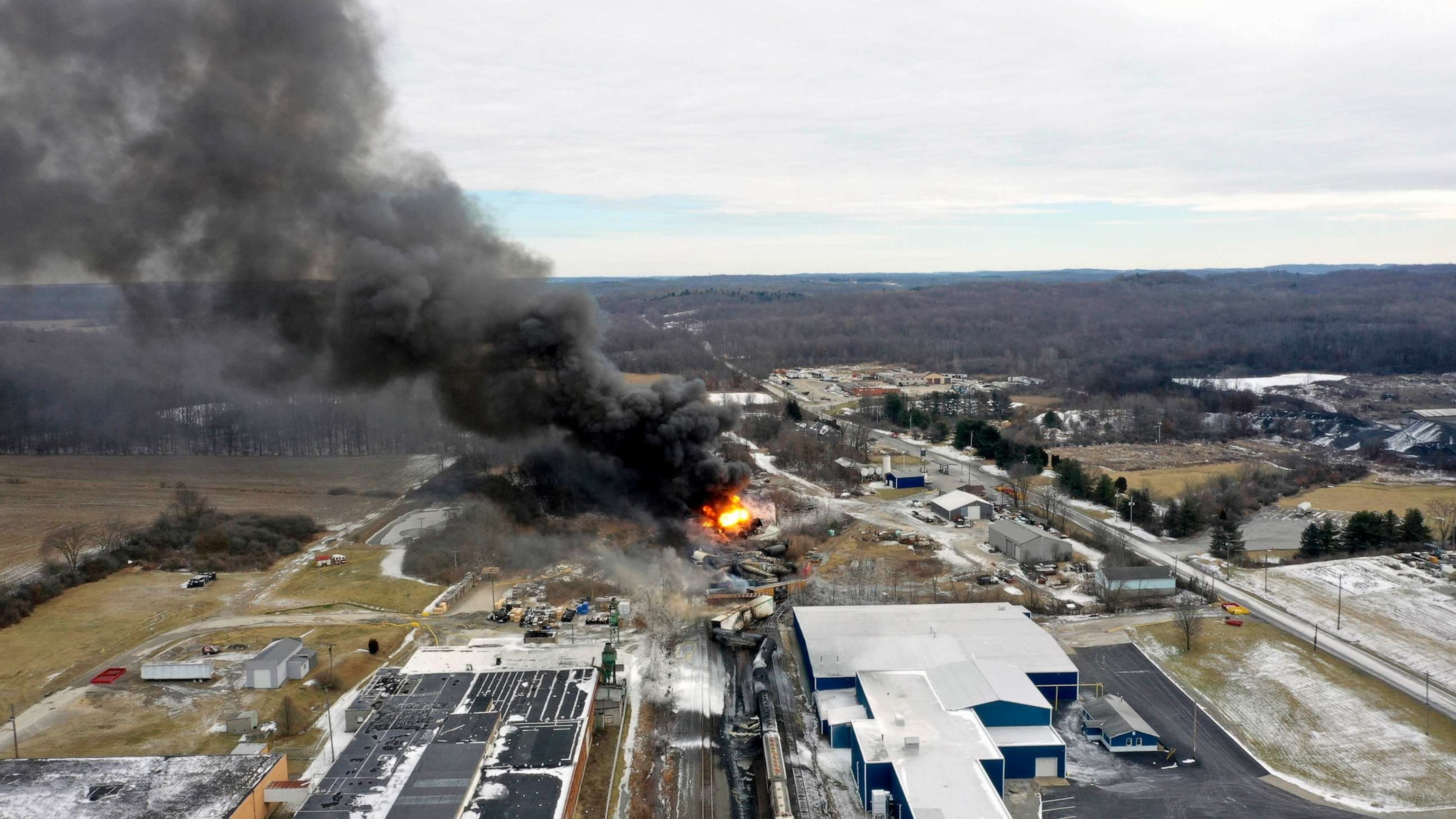 PHOTO: FILE - A plume rises from a Norfolk Southern freight train that derailed in East Palestine, Ohio, Feb. 4, 2023.