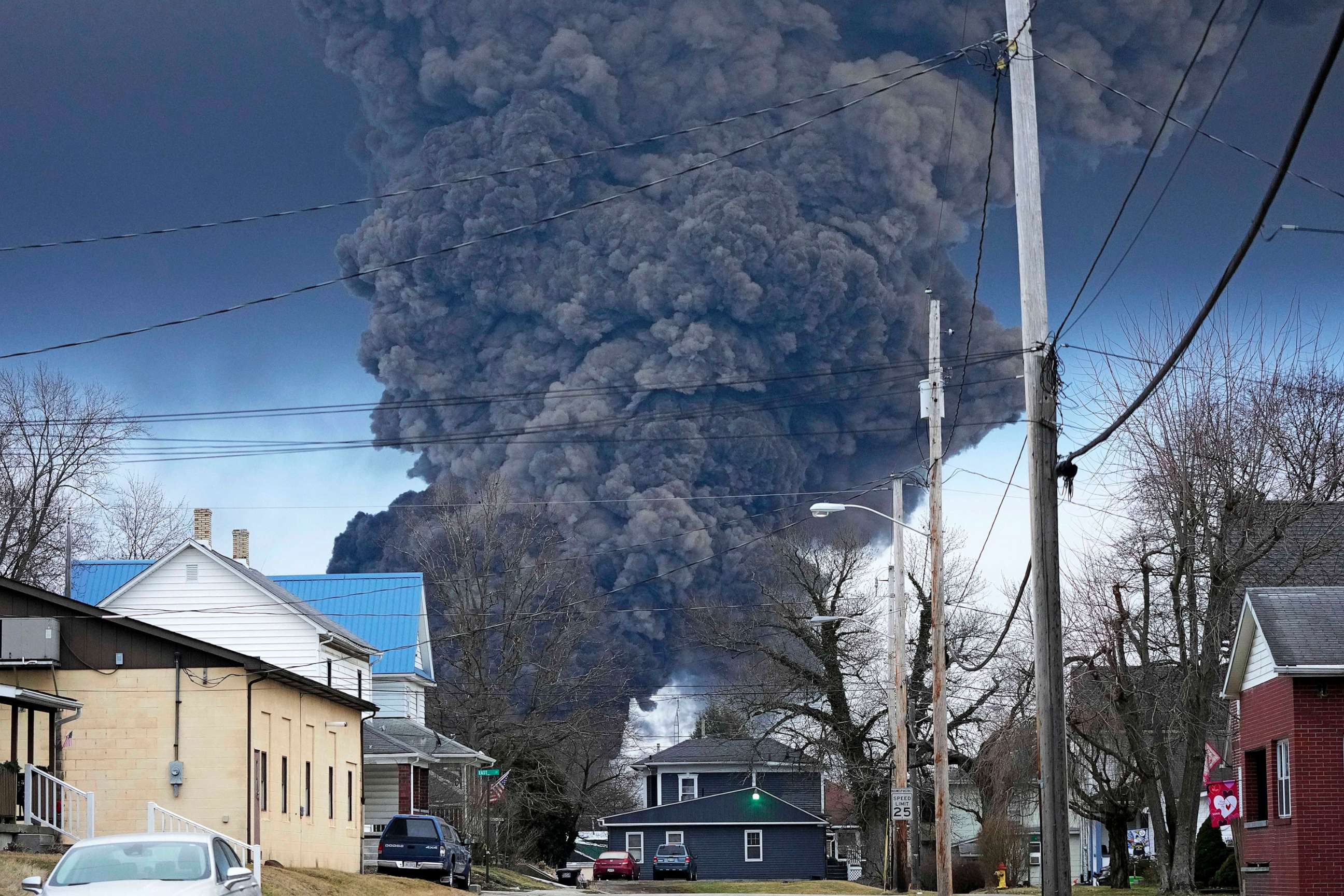 PHOTO: A black plume rises over East Palestine, Ohio, as a result of a controlled detonation of a portion of the derailed Norfolk Southern trains, Feb. 6, 2023.