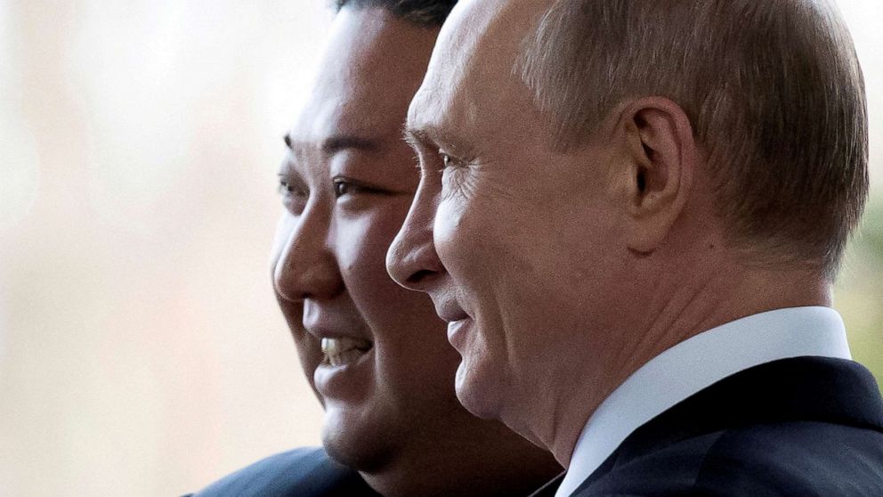 FILE PHOTO: FILE PHOTO: Russian President Vladimir Putin and North Korea's leader Kim Jong Un pose for a photo during their meeting in Vladivostok, Russia, April 25, 2019. Picture taken April 25, 2019.