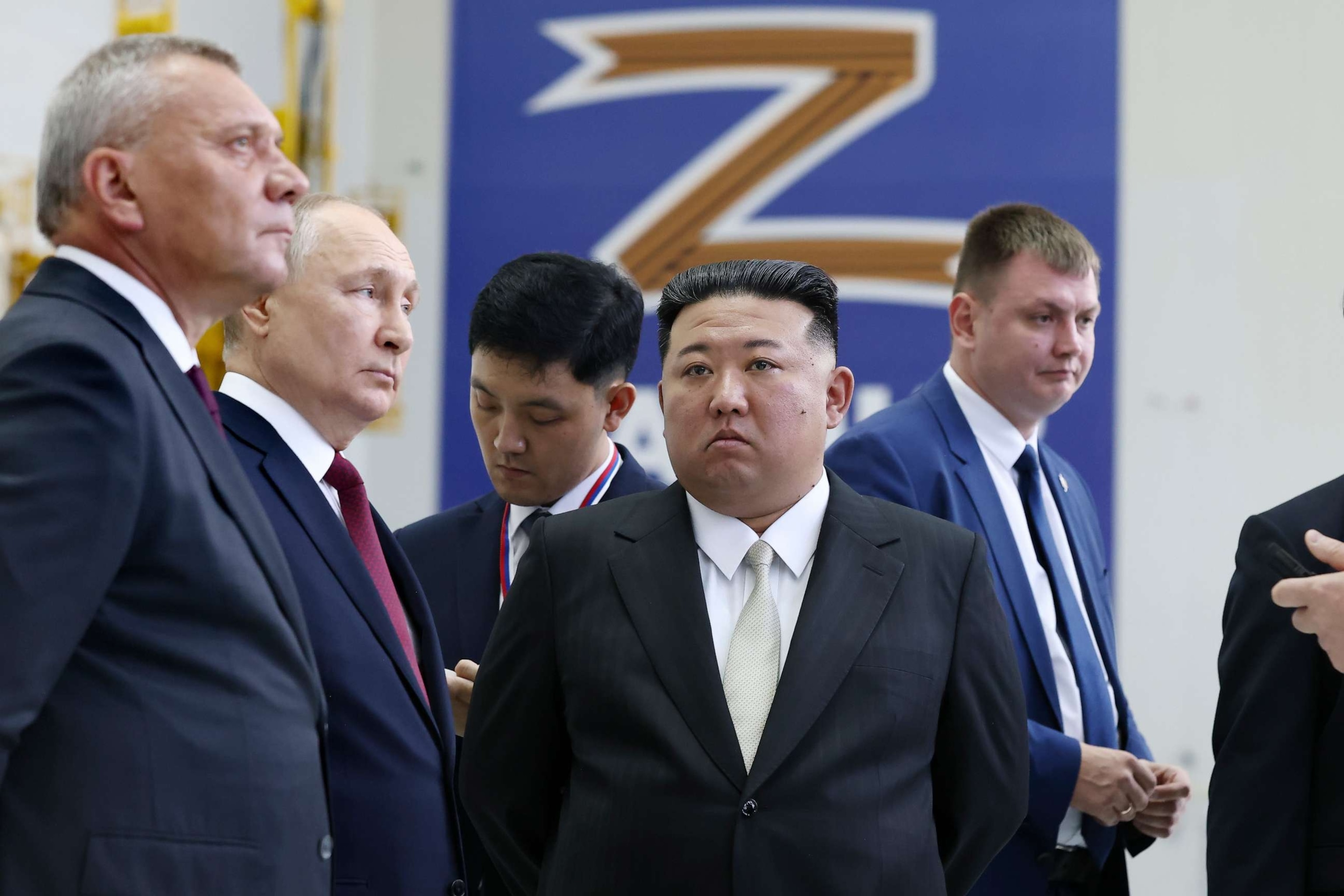 PHOTO: Russian President Vladimir Putin, second left, and North Korea's leader Kim Jong Un, center, examine a rocket assembly hangar during their meeting at the Vostochny cosmodrome in the far eastern Amur region, Russia, on Sept. 13, 2023.