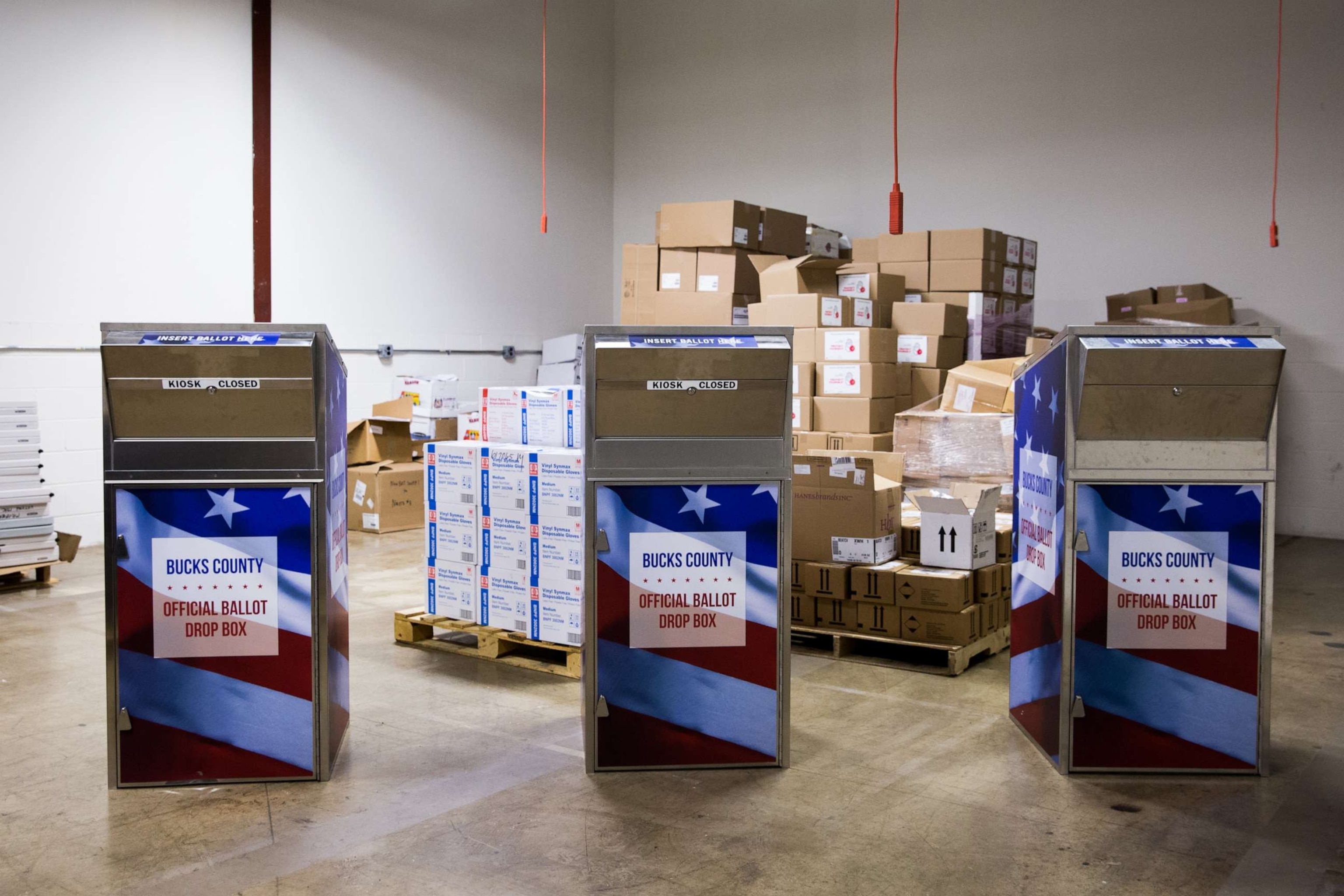 PHOTO: Official ballot drop boxes are stored at a warehouse in Bucks County, Penn. on Sept. 22, 2020.