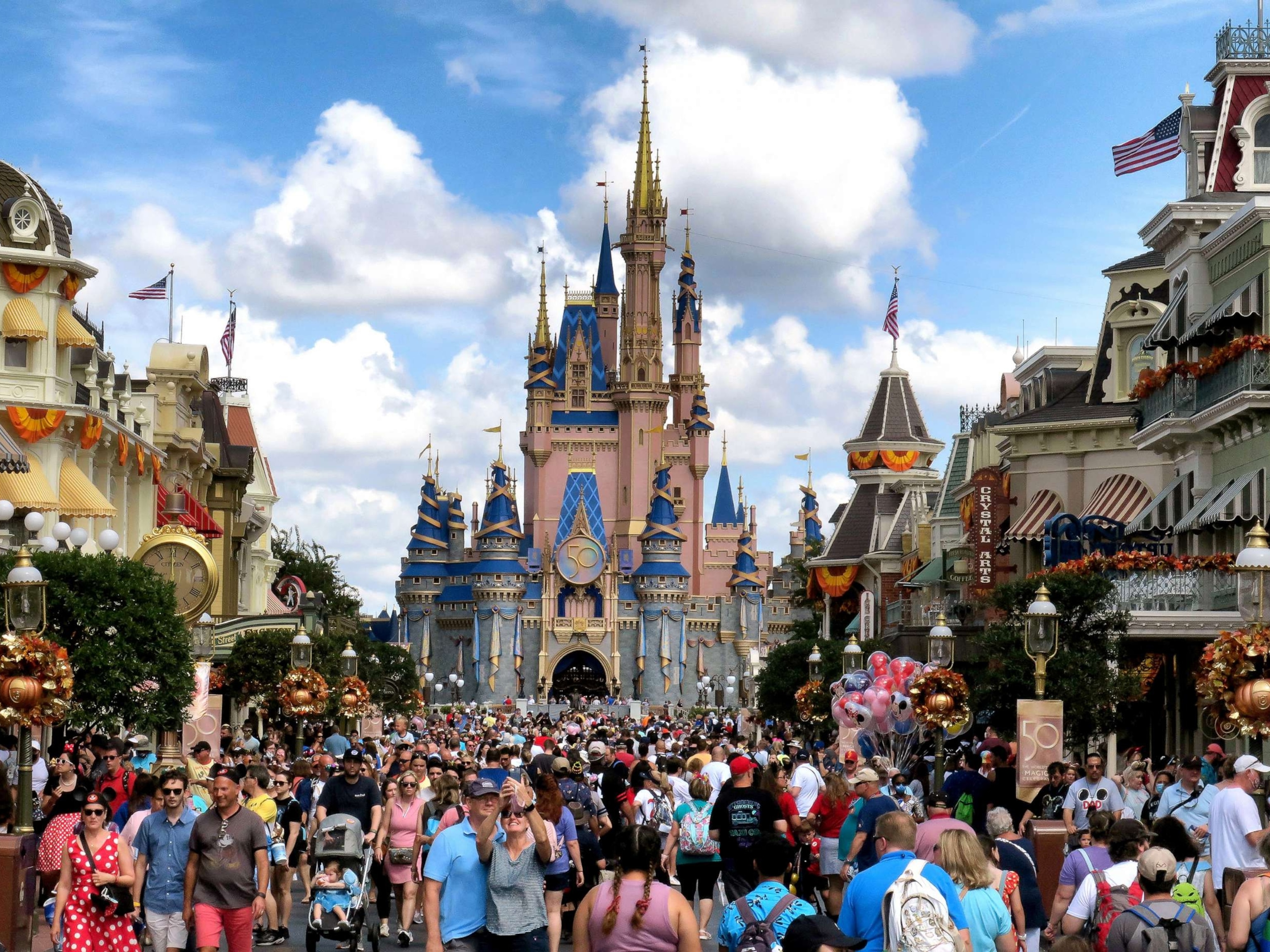 PHOTO: Crowds in front of Cinderella Castle at the Magic Kingdom on the 50th anniversary of Walt Disney World, in Lake Buena Vista, Fla., Oct. 1, 2021.