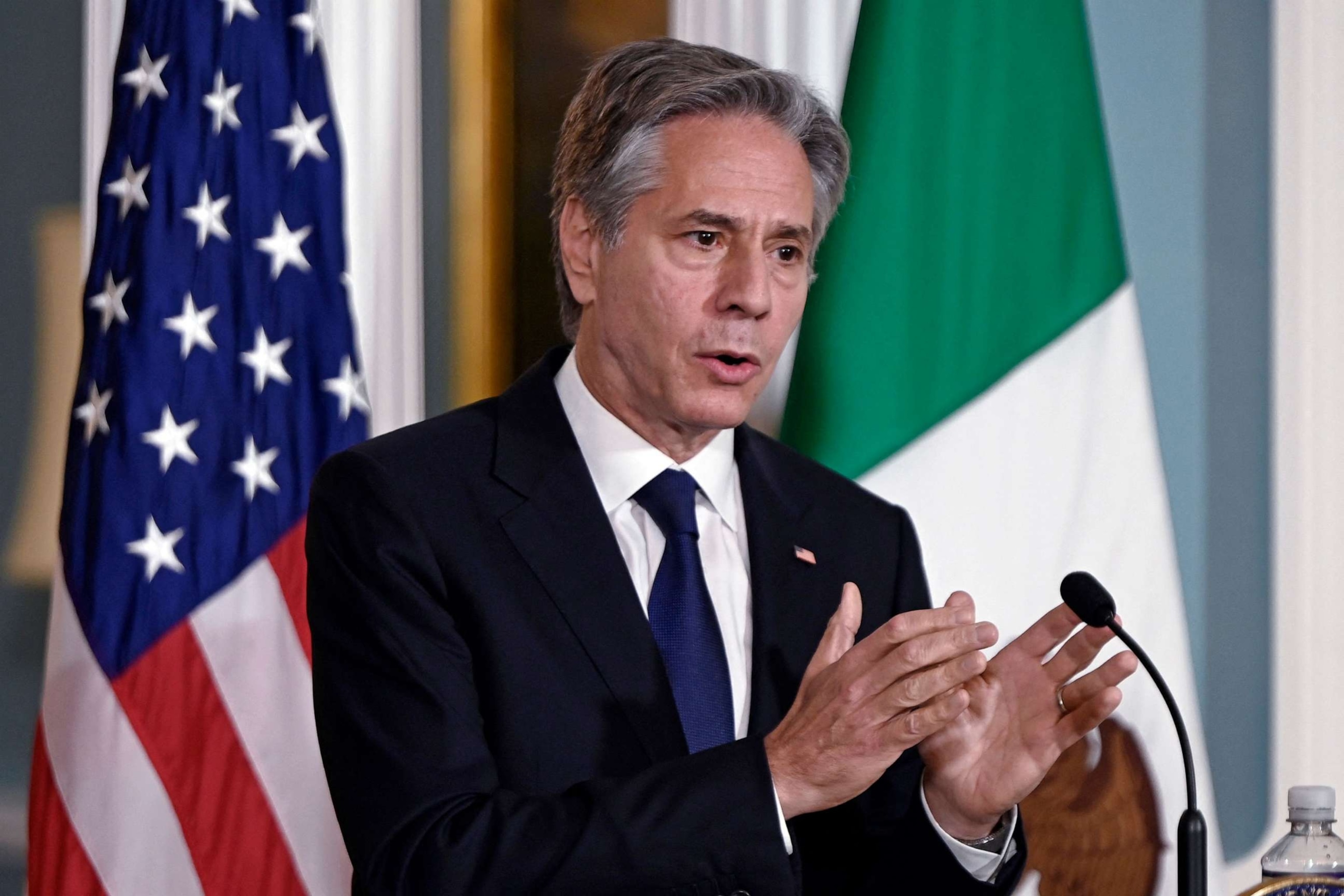 PHOTO: Secretary of State Antony Blinken speaks to the press in the Treaty Room at the Department of State in Washington, D.C., Aug. 10, 2023.