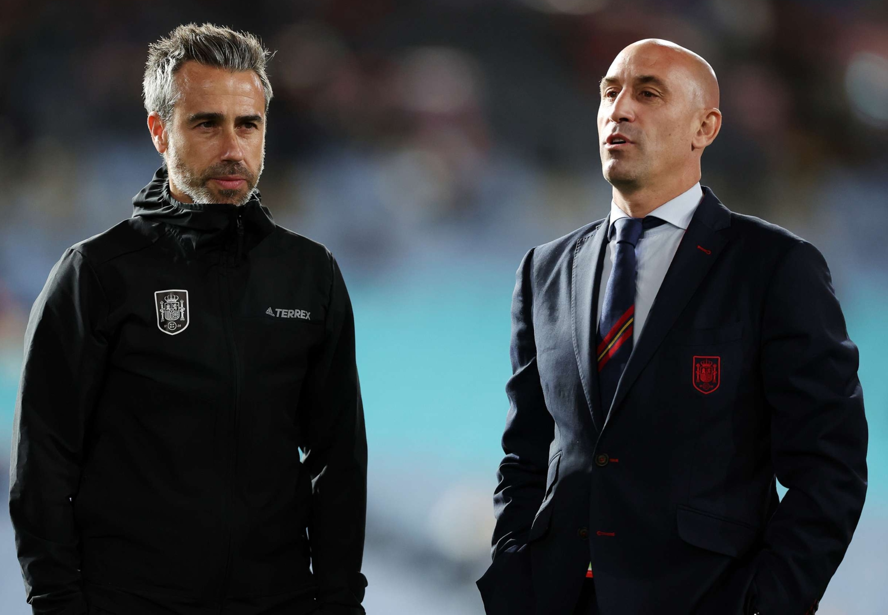 PHOTO: The Head Coach of Spain, Jorge Vilda, left, talks with Luis Rubiales, President of the Royal Spanish Football Federation, prior to the FIFA Women's World Cup Australia & New Zealand 2023 Final match at Stadium Australia, Aug. 20, 2023, in Sydney.