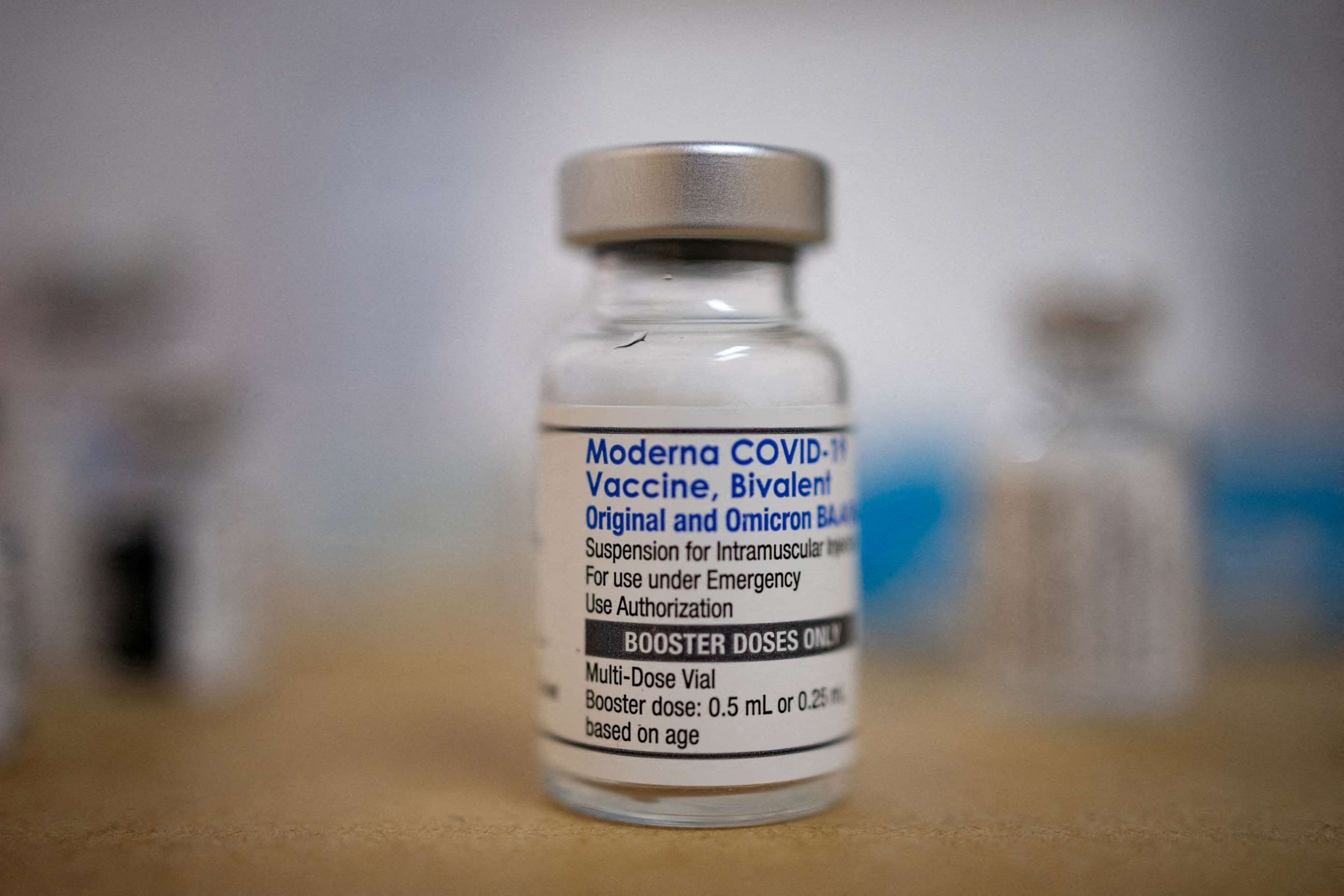 PHOTO: A vial of the Moderna COVID-19 booster vaccine targeting BA.4 and BA.5 Omicron sub variants is pictured at Skippack Pharmacy, Sept. 8, 2022, in Schwenksville, Pa.