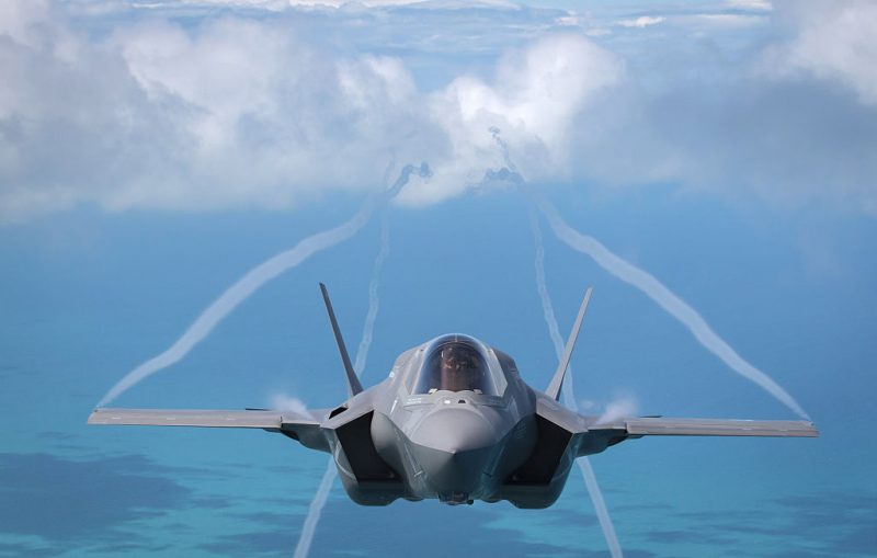 FAIRFORD, ENGLAND - JULY 01: A F-35B aircraft approaches a KC-130J Super Hercules aircraft to re-fuel as it flies over the North Sea having taken off from RAF Fairford on July 1, 2016 in Gloucestershire, England. On Wednesday the first of Britain's F-35B Lightning II jets was flown by RAF pilot Squadron Leader Hugh Nichols, on its first transatlantic crossing, accompanied by two United States Marine Corps F-35B aircraft from their training base at Beaufort, South Carolina. The combined US/UK team of aircrew and engineers are here in the UK to demonstrate just what the 5th generation state of the art aircraft can do, flying at the Royal International Air Tattoo and Farnborough International Air Show over the next few weeks.Ê The aircraft are due to enter service with the Royal Navy and RAF from 2018. (Photo by Matt Cardy/Getty Images)