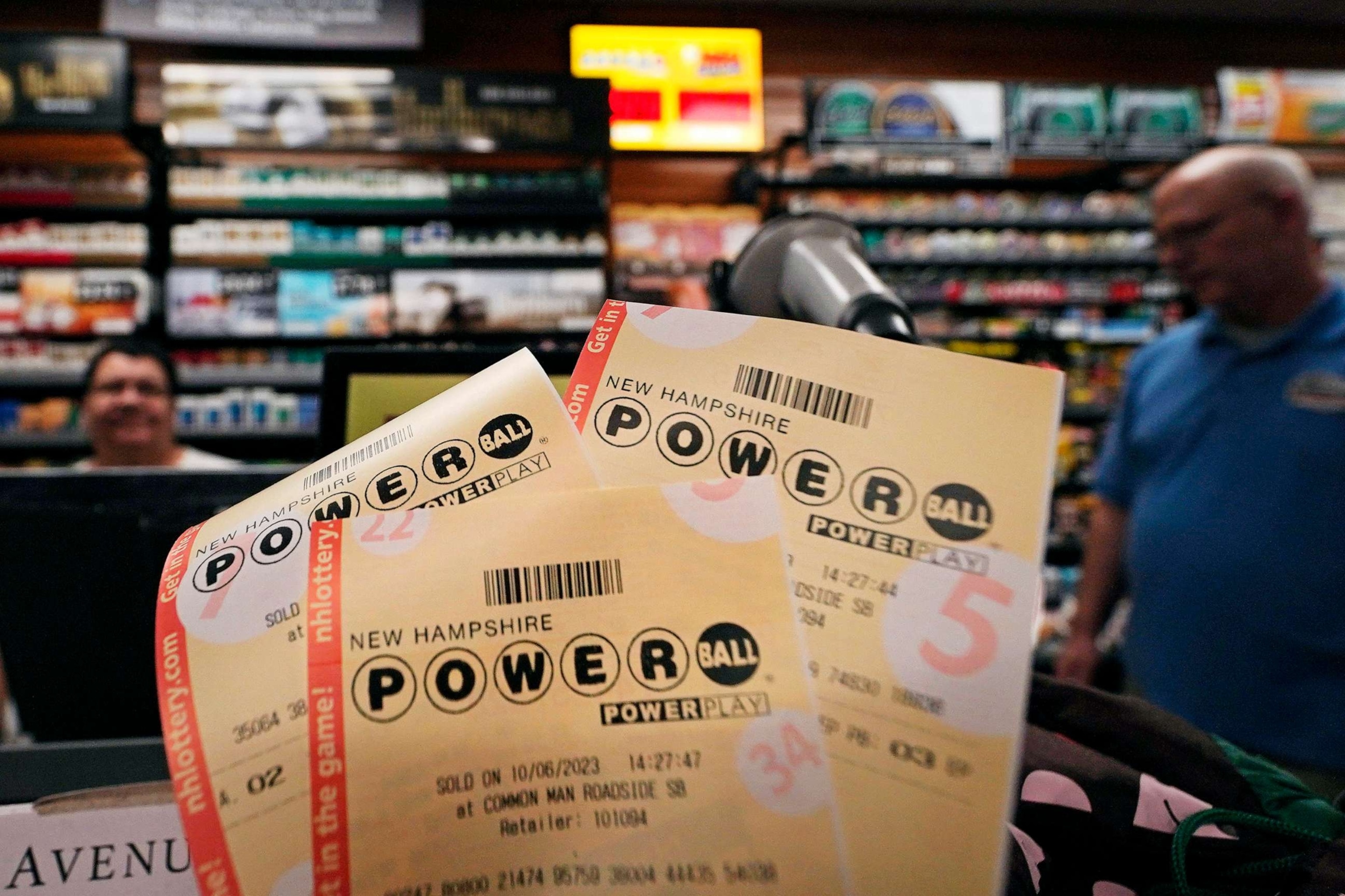 PHOTO: Powerball lottery tickets are displayed at the New Hampshire General Store along Route 93 South, on Oct. 6, 2023, in Hooksett, N.H.