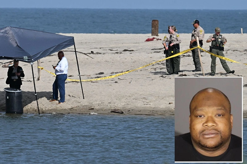 B| US-CRIME-MALIBU
Officials stand next to a barrel where a body was discovered in Malibu Lagoon State Beach, California on July 31, 2023. A body stuffed in a barrel was discovered July 31, 2023 on Malibu Beach, a swanky Californian hotspot beloved by the rich and famous, police said. Reports said the man's corpse was crammed into a 55-gallon drum when it was discovered by maintenance workers. (Photo by Robyn Beck / AFP) (Photo by ROBYN BECK/AFP via Getty Images) F| Mugshot for Jonathan Simmons.
(Photo via; Los Angeles County Sheriff's Department. )