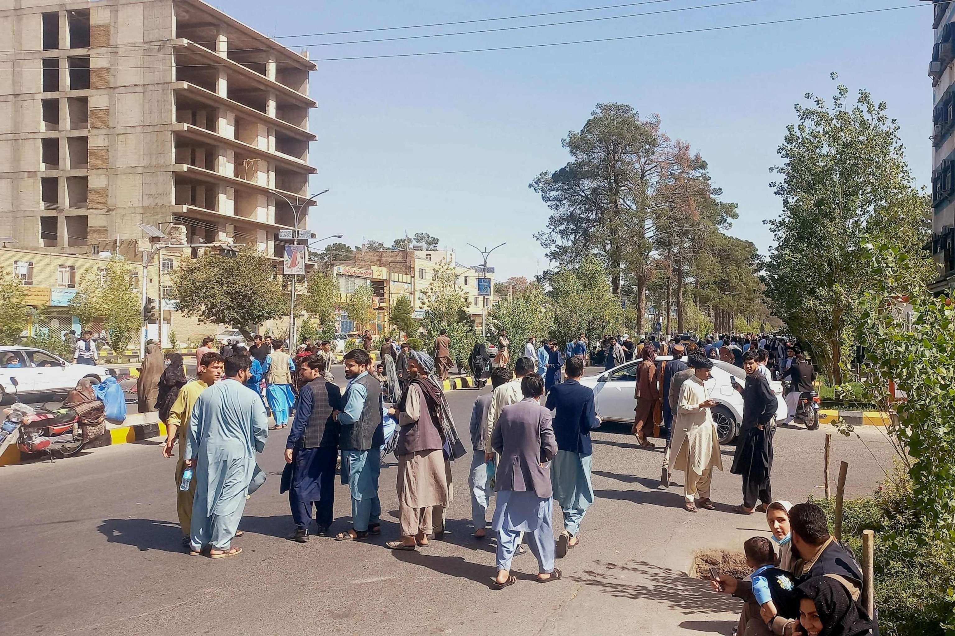 PHOTO: People gather on the streets in Herat, Afghanistan, on Oct. 7, 2023, after an earthquake hit the region.