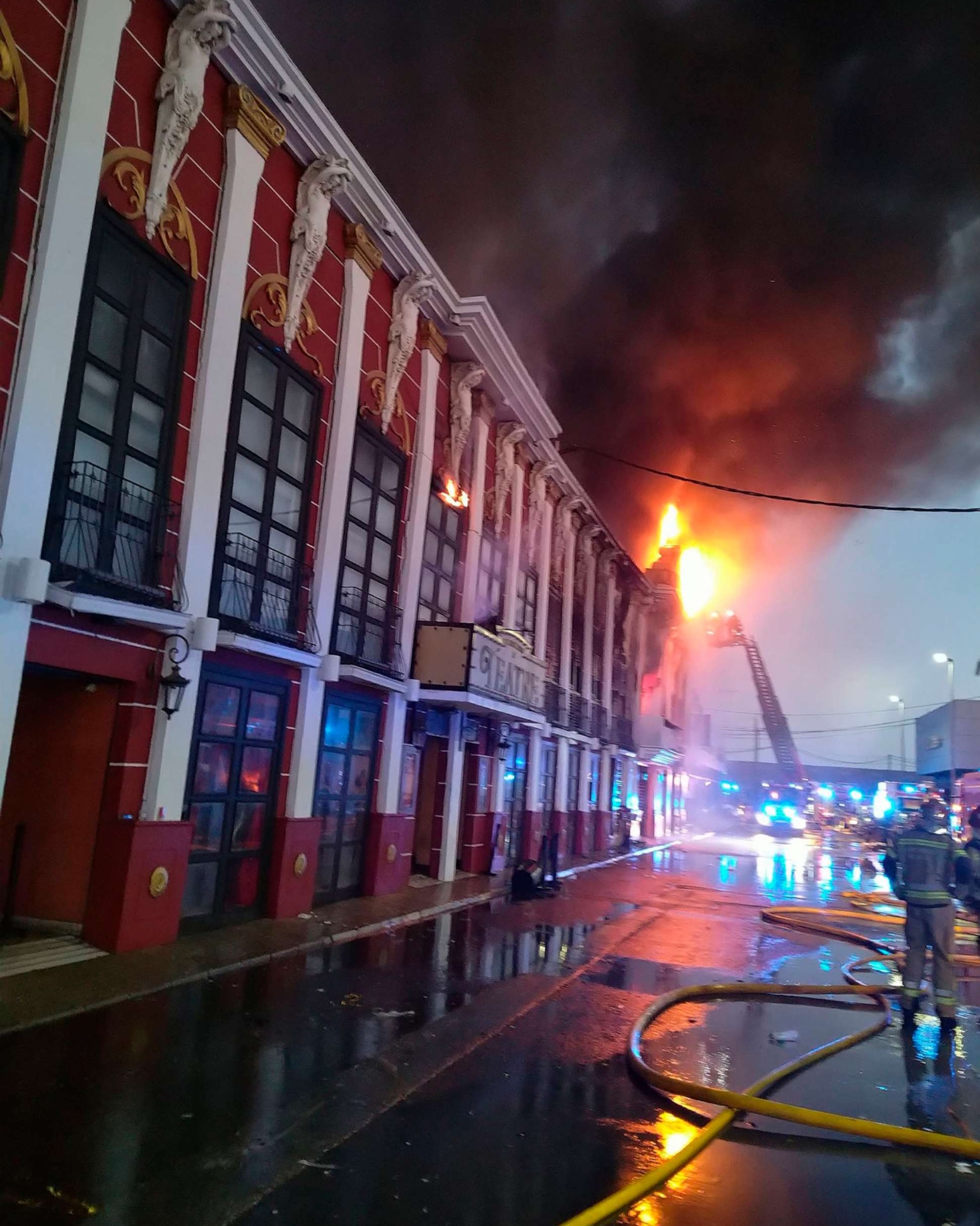 PHOTO: In this photo provided by Bomberos/Ayuntamiento de Murcia, firefighters work outside a nightclub on fire in Murcia, south-eastern Spain in the early hours of Sunday Oct. 1, 2023.