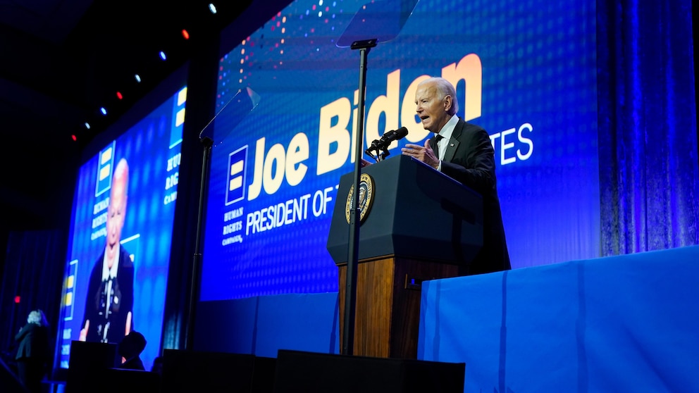 President Joe Biden speaks at the 2023 Human Rights Campaign National Dinner, Saturday, Oct. 14, 2023, in Washington. (AP Photo/Manuel Balce Ceneta)