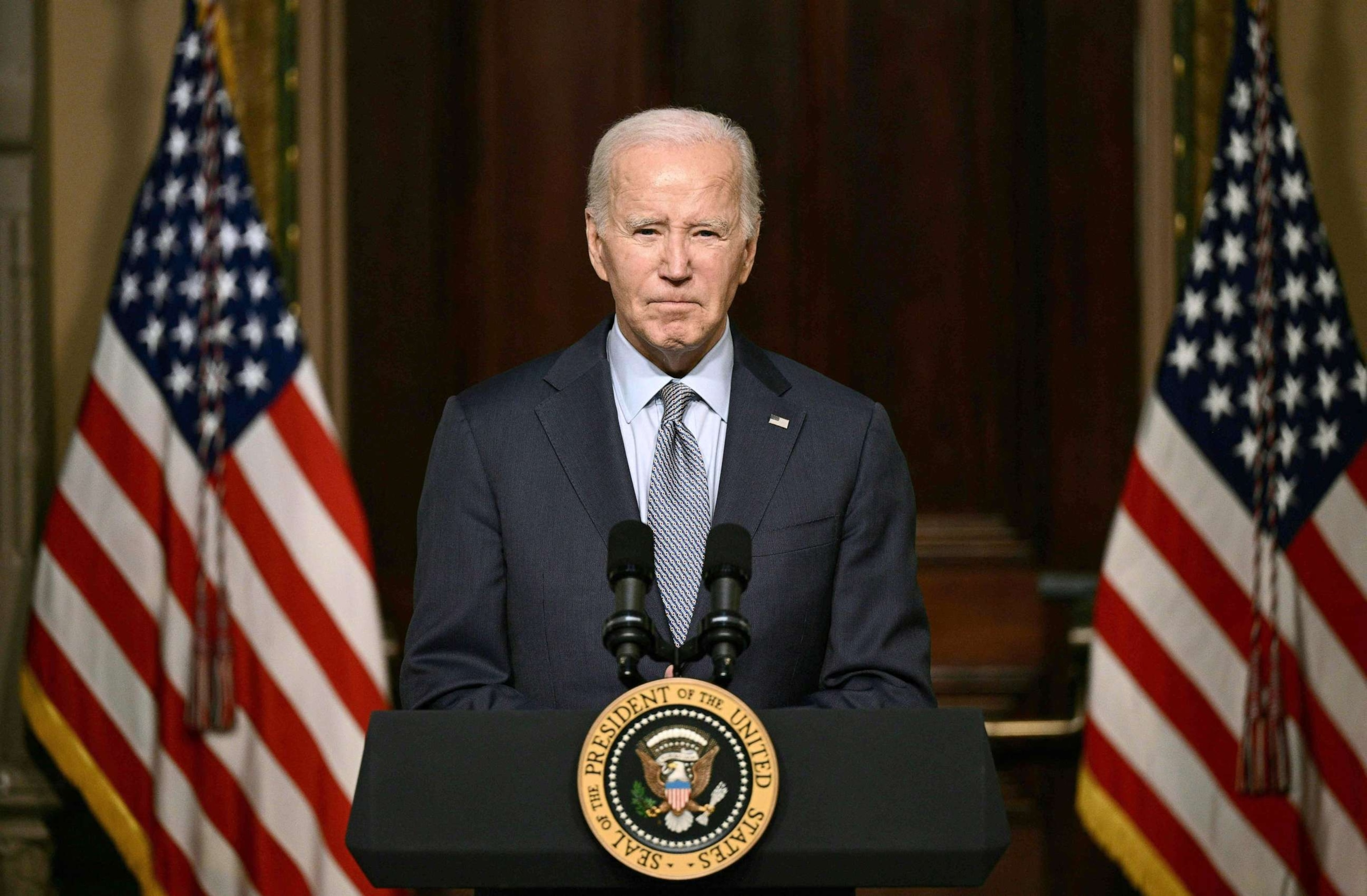 PHOTO: President Joe Biden speaks at a roundtable with Jewish community leaders in the Indian Treaty Room of the White House on October 11, 2023.