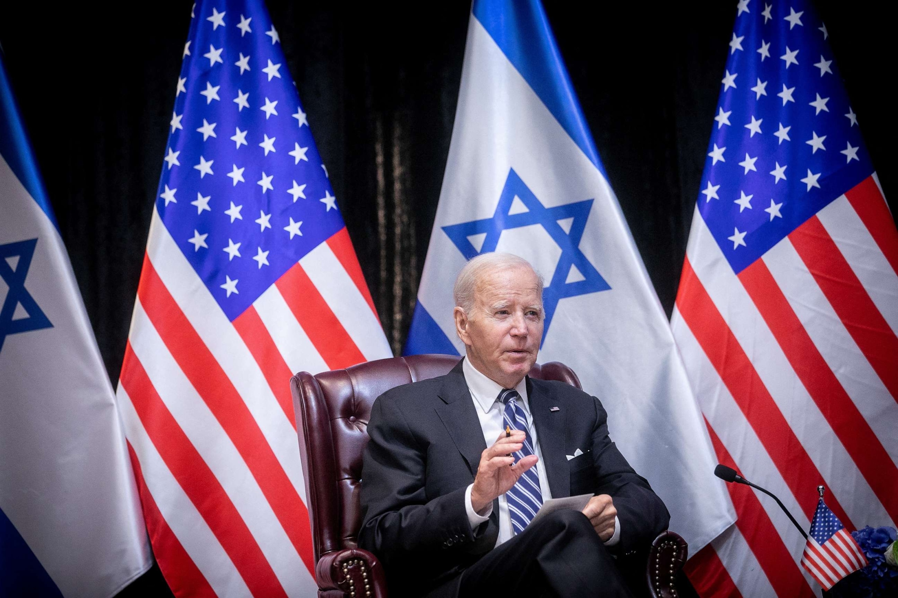 PHOTO: President Joe Biden speaks during a meeting with Israeli Prime Minister Benjamin Netanyahu to discuss the ongoing conflict between Israel and Hamas, in Tel Aviv, Israel, Oct. 18, 2023.