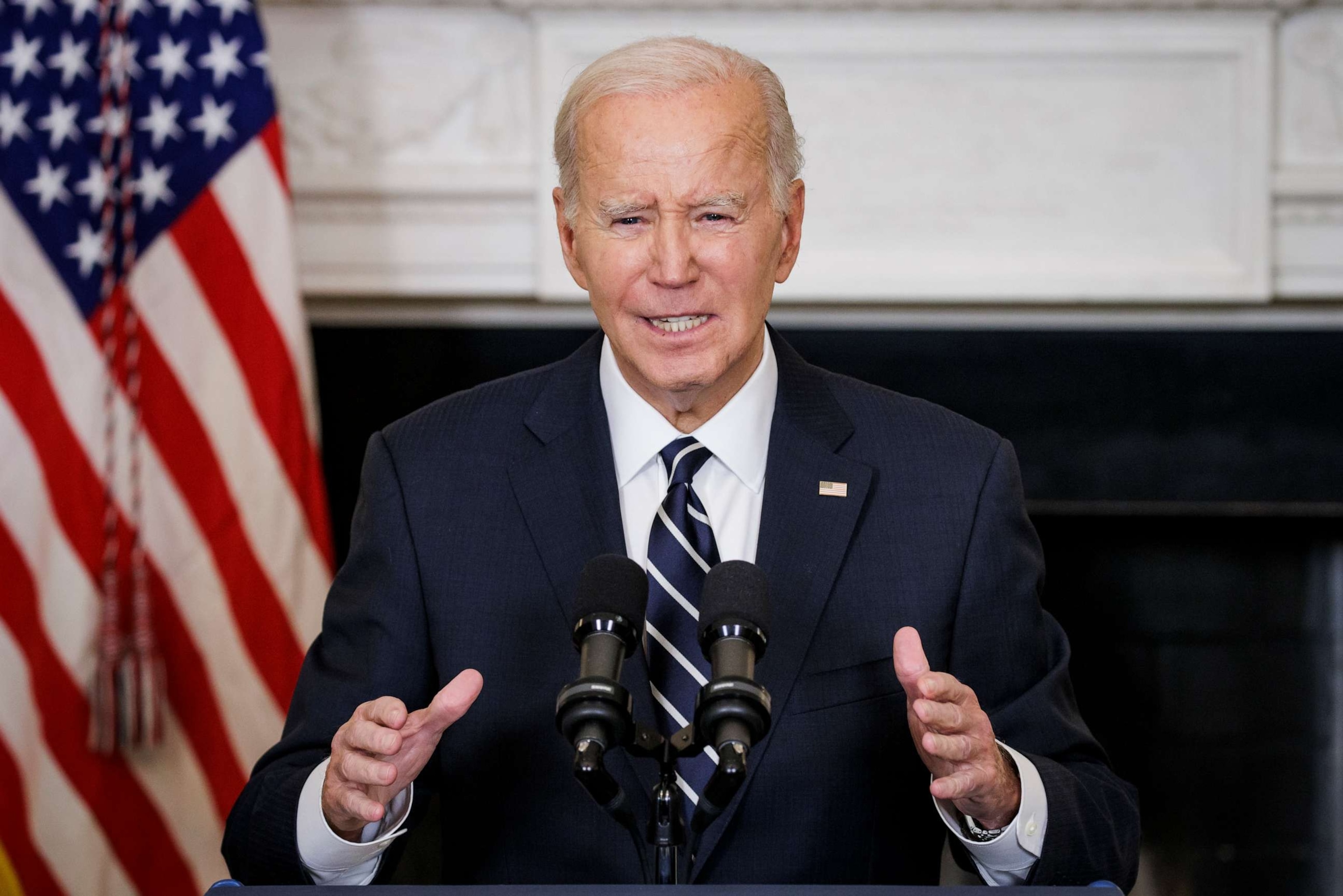 PHOTO: President Joe Biden speaks on the terrorist attacks in Israel from the State Dining Room at the White House, Oct. 7, 2023 in Washington.