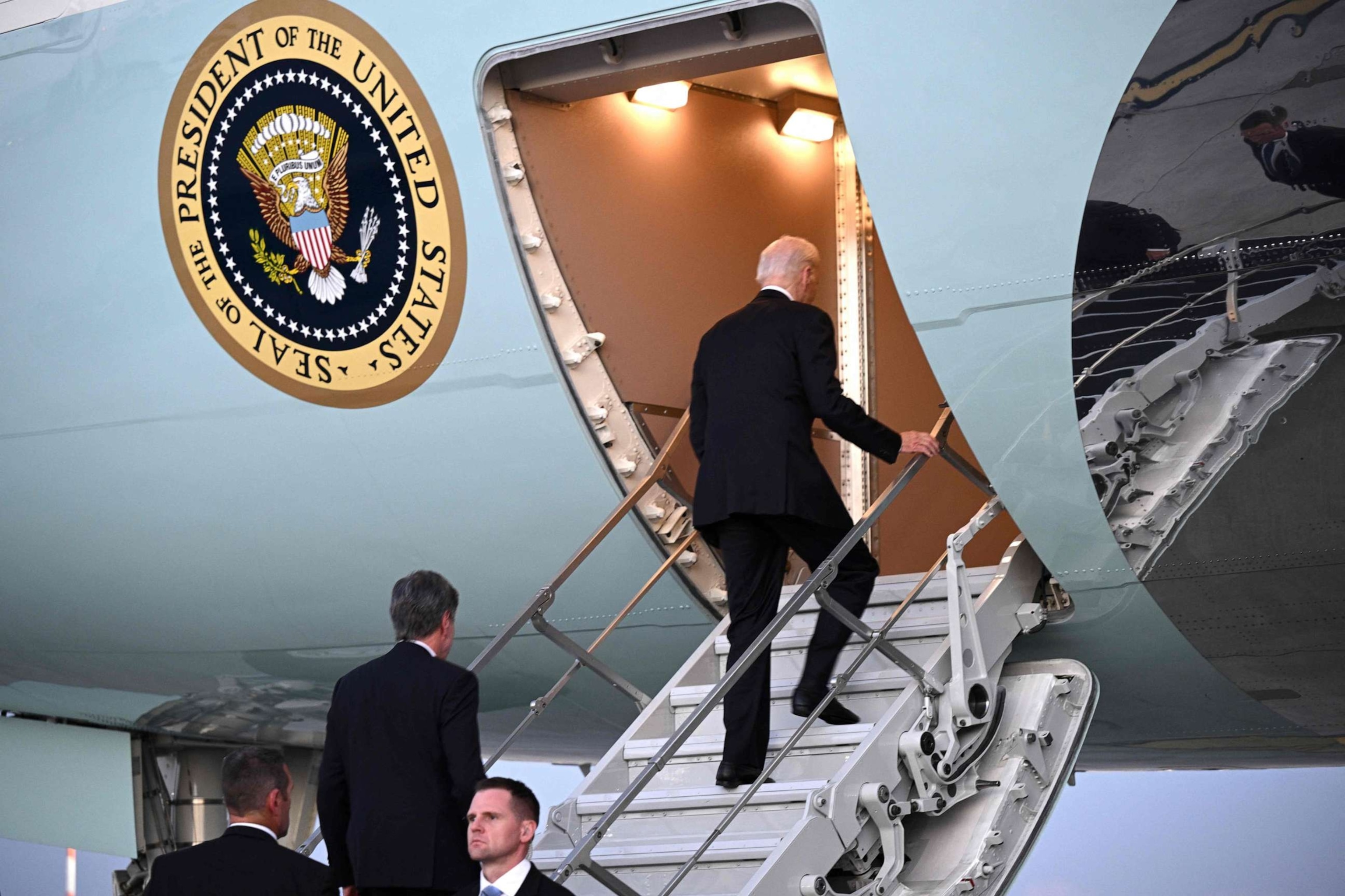 PHOTO: President Joe Biden boards Air Force One at Ben Gurion International Airport following a visit to Israel, Oct. 18, 2023.