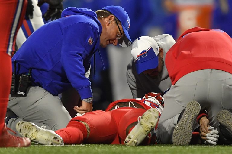 Bills running back Damien Harris taken off field by ambulance