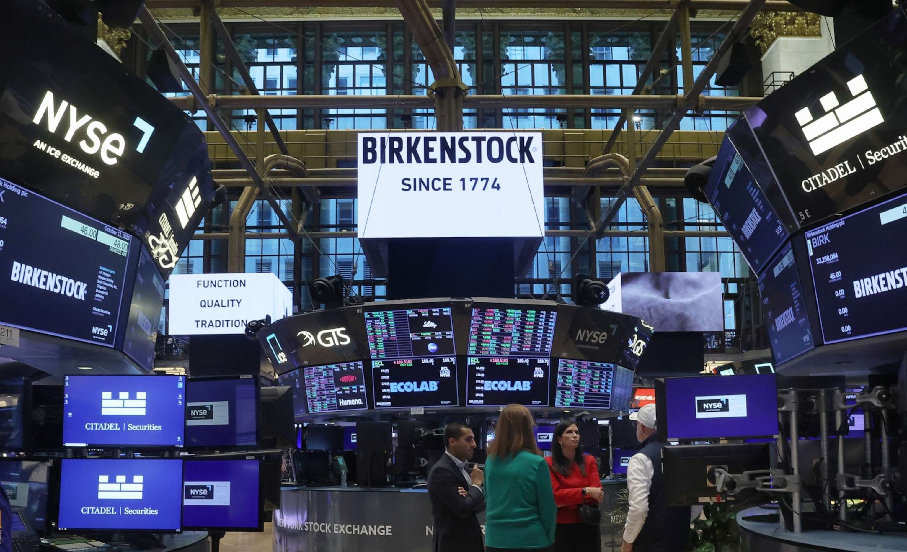 PHOTO: The Birkenstock name is displayed on the floor of the New York Stock Exchange (NYSE) as the German footwear company makes its debut on the Exchange on Oct. 11, 2023, in New York.