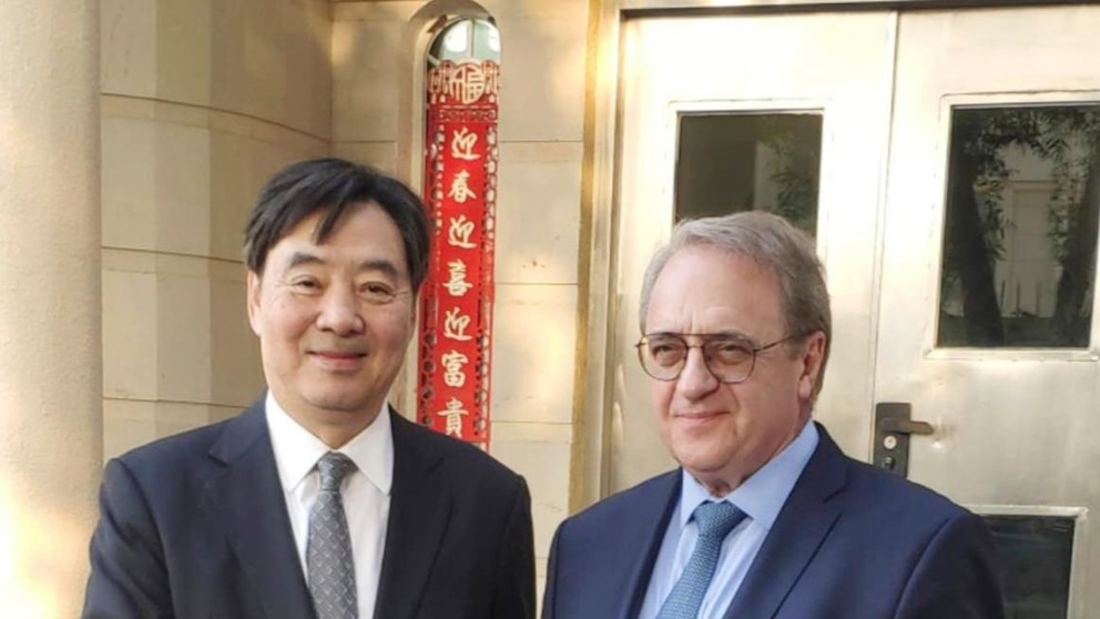 In this photo provided by the Chinese Embassy in Qatar via Xinhua News Agency, Zhai Jun, left, special envoy of the Chinese government on the Middle East issue, meets with Russia's Deputy Foreign Minister and Special Presidential Representative for the Middle East and Africa Mikhail Bogdanov in Doha, Qatar, Thursday, Oct. 19, 2023. (Chinese Embassy in Qatar/Xinhua via AP)