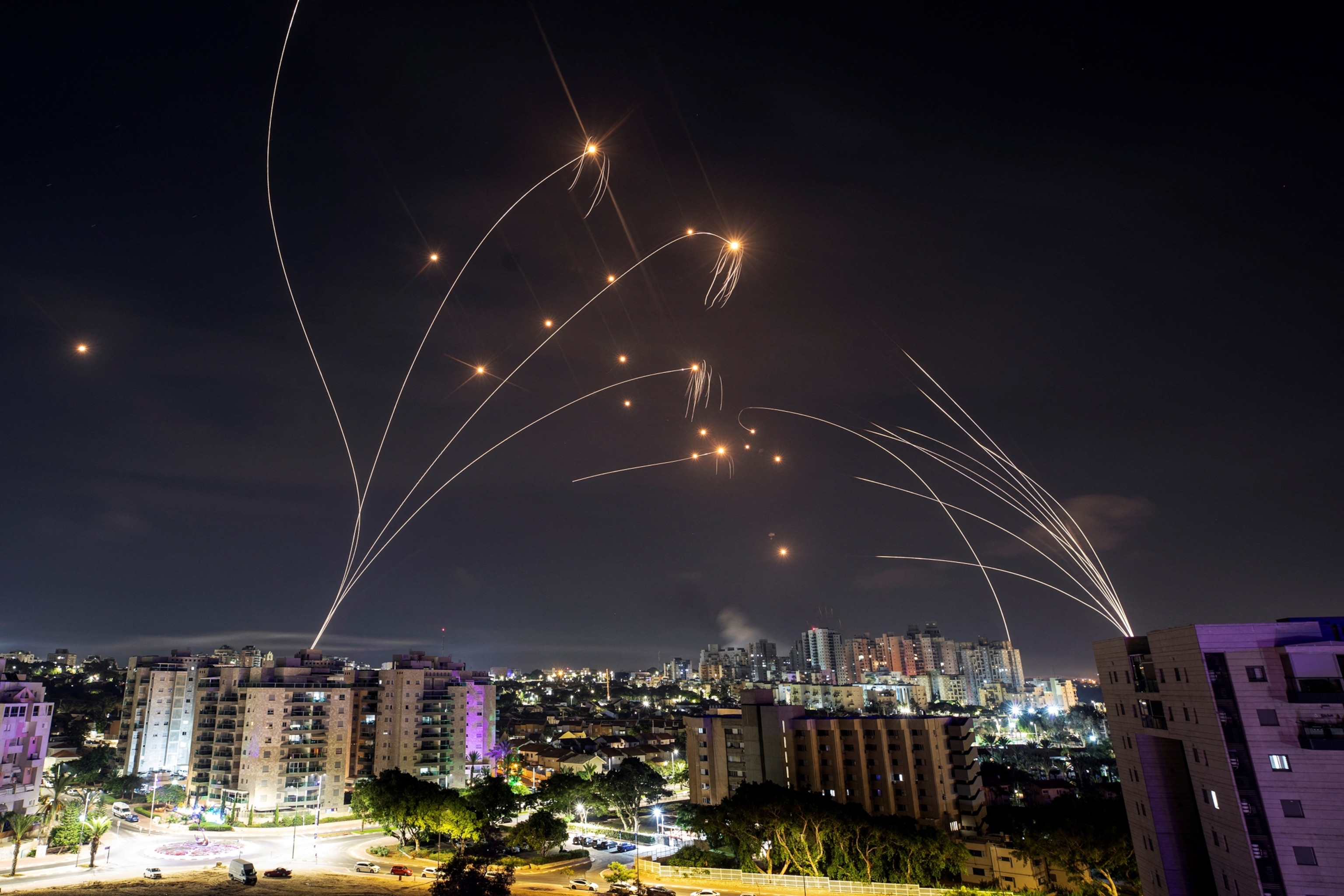 PHOTO: Israel's Iron Dome anti-missile system intercepts rockets launched from the Gaza Strip, as seen from Ashkelon in southern Israel, on Oct. 8, 2023.
