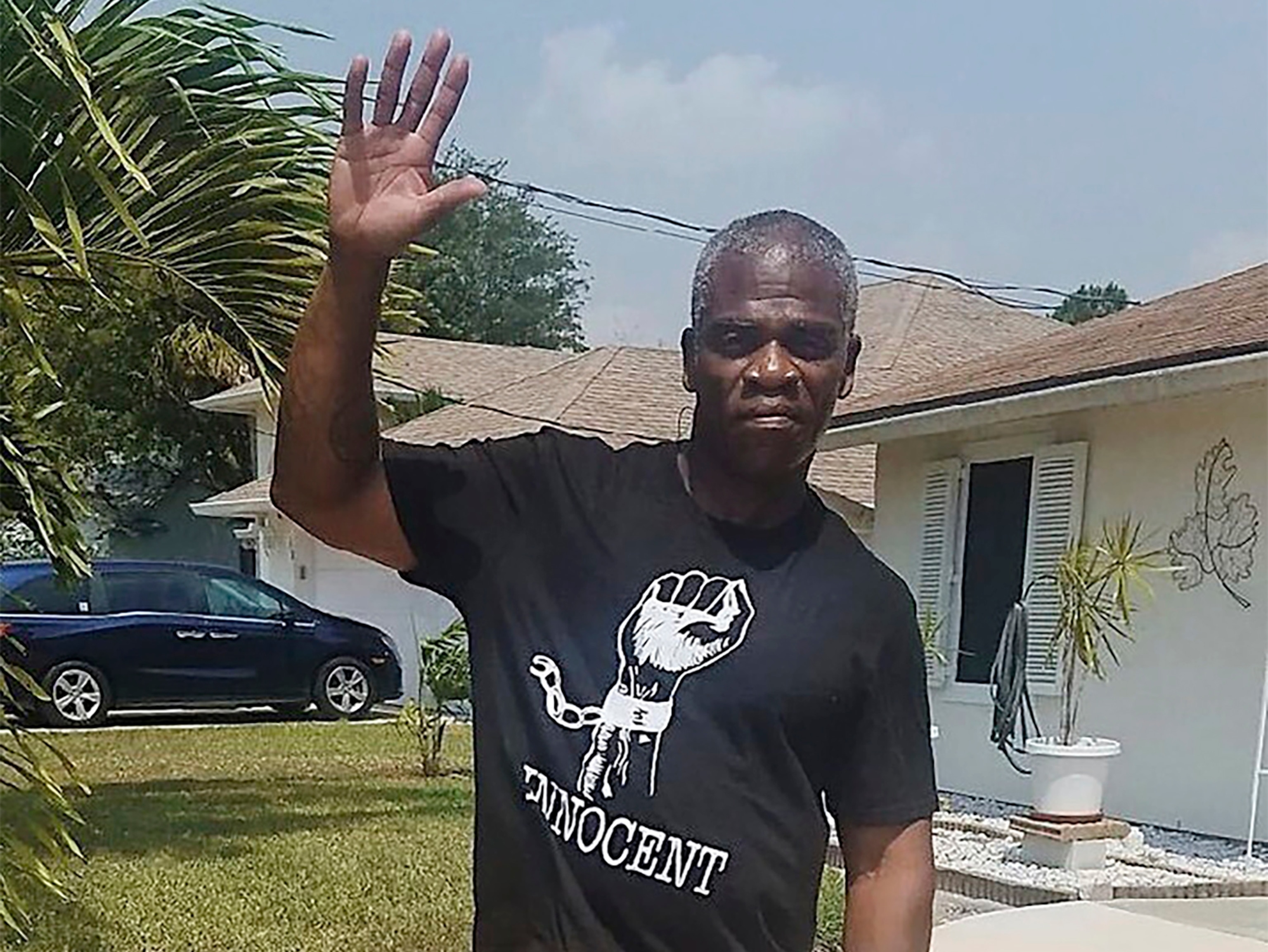 PHOTO: In this photo provided by the Innocence Project of Florida, Leonard Allen Cure poses on the day of his release from prison on April 14, 2020, in Fla.