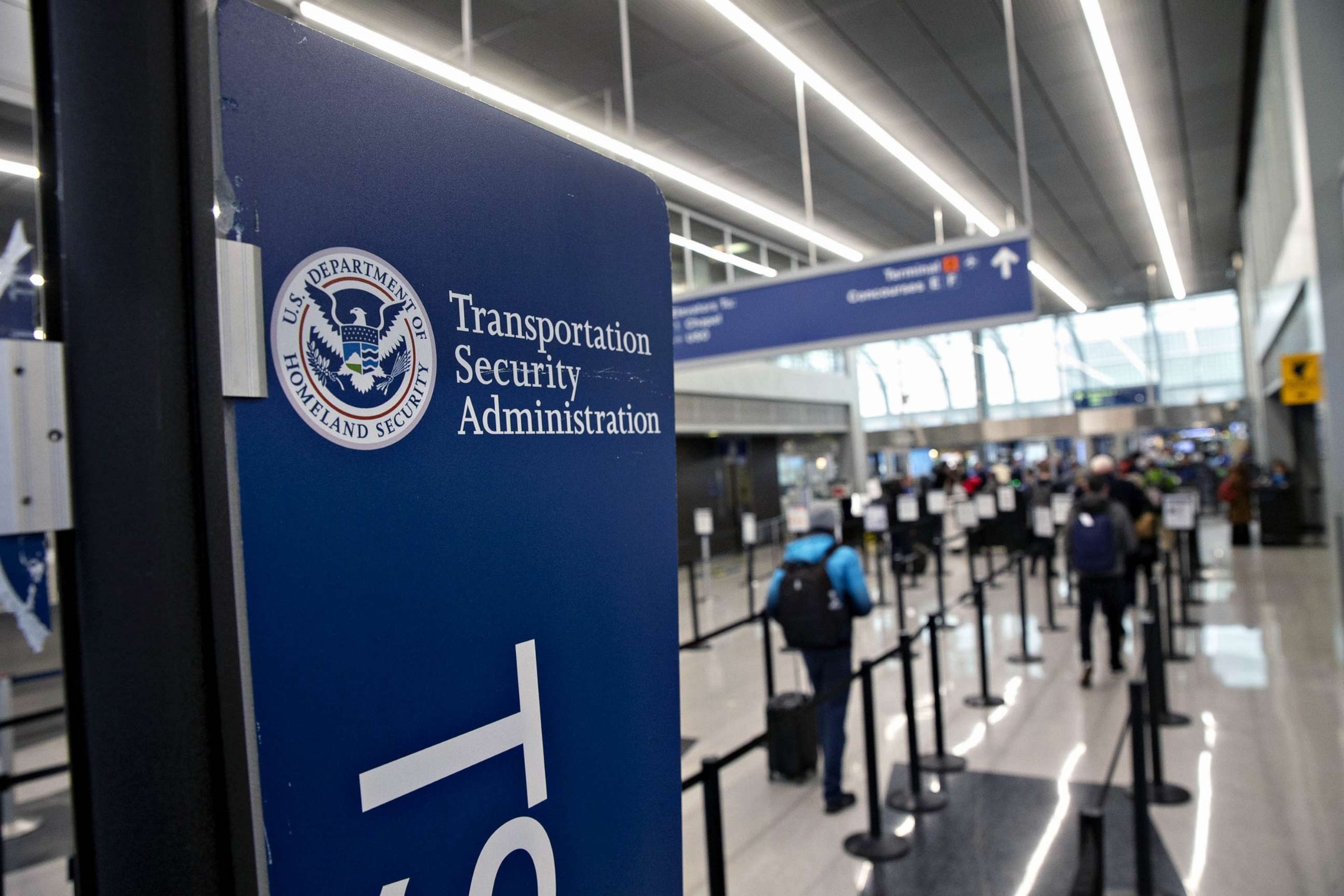 PHOTO: FILE - Transportation Security Administration (TSA) signage is displayed near a check-point at O'Hare International Airport (ORD) in Chicago, Jan. 8, 2019.